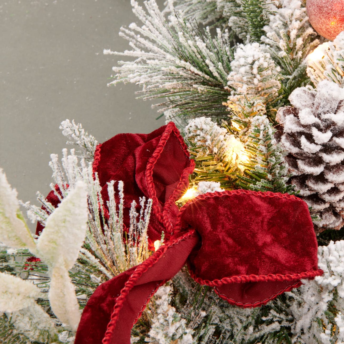 AMERZEST 9ft Pre-lit Flocked Christmas Garland with Red Balls, Berries and and 50 Battery Operated Soft White LED Lights with Timer,Artificial Holiday Decoration Door Outdoor