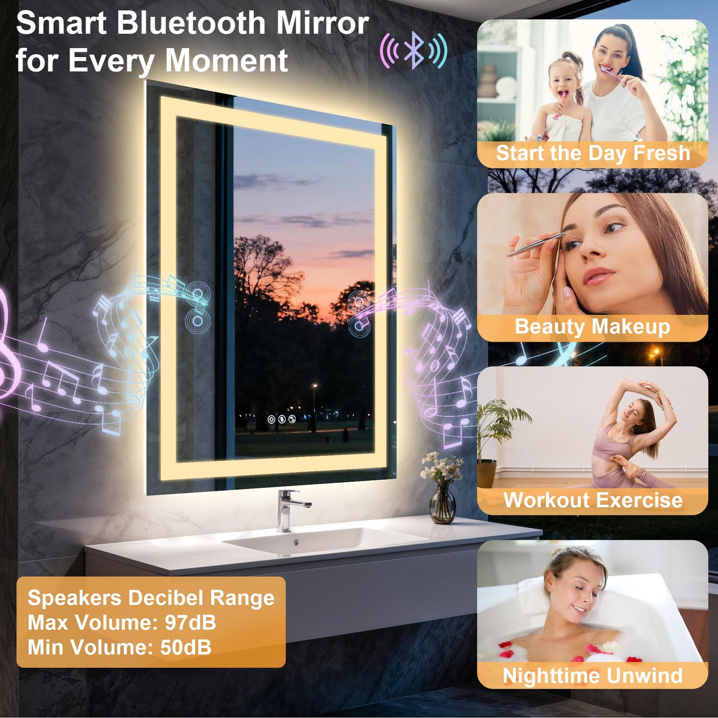 Olyvren 20"x28" LED Bathroom Mirror with Lights,Bluetooth Dual Speaker,Anti-Fog,3 Color Temperature,Dimmable Brightness,Memory Function,Waterproof,Wall Mount Design,Tempered Glass