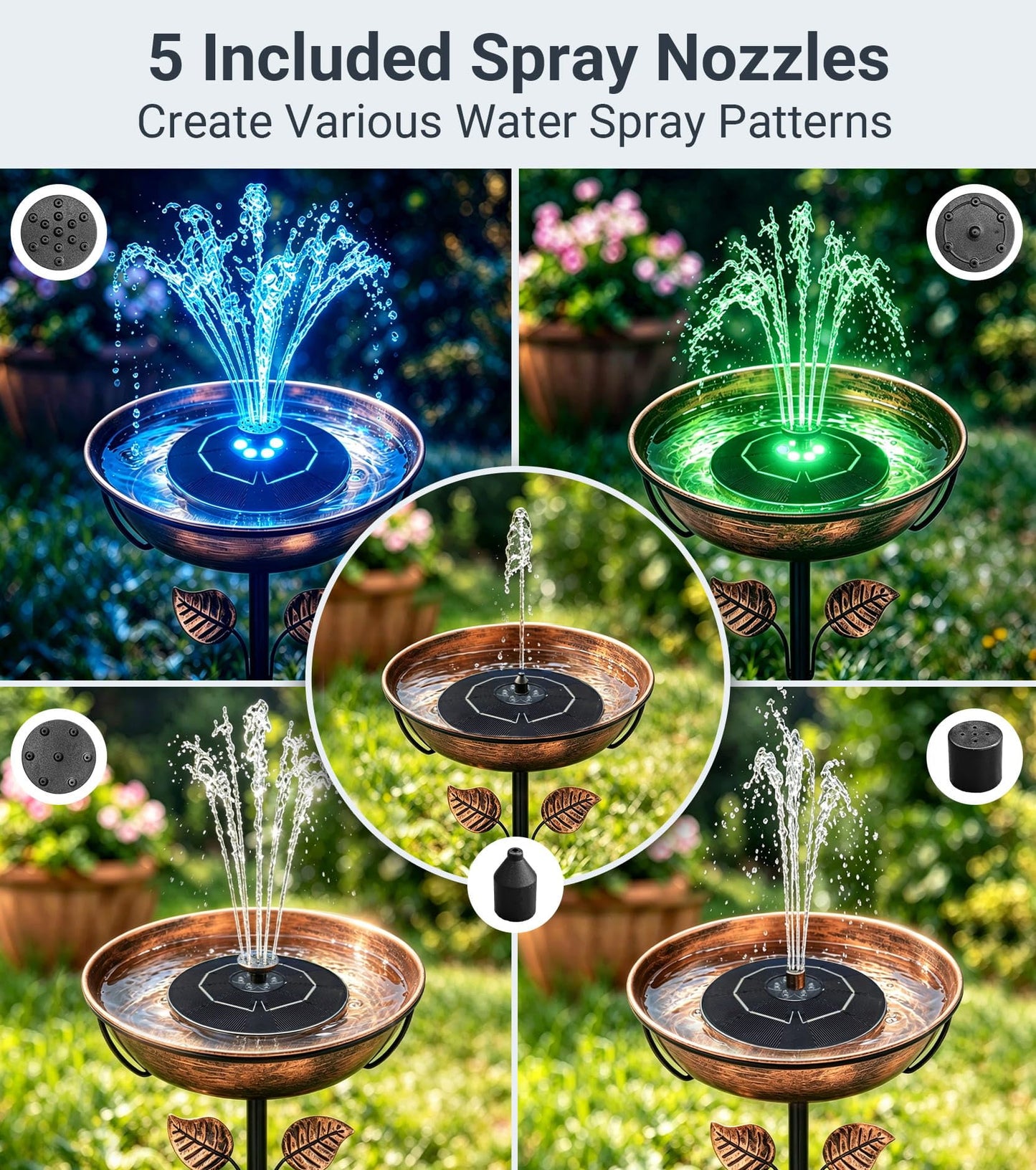 OUISJYER Solar Bird Bath Fountain with LED Lights – 6.3" Floating Solar Fountain Pump with Battery Backup | 9V/2W Powerful Water Spray, 5 Nozzles, for Bird Bath, Pond, Garden & Outdoor Decor