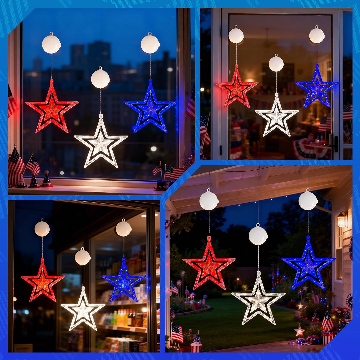 4th of July Window Lights with Timer, Red White Blue Star Lights Battery Operated with Suction Cup Hook, LED Hanging Patriotic Decor for Memorial Day Independence Day Home Room(Red White Blue)