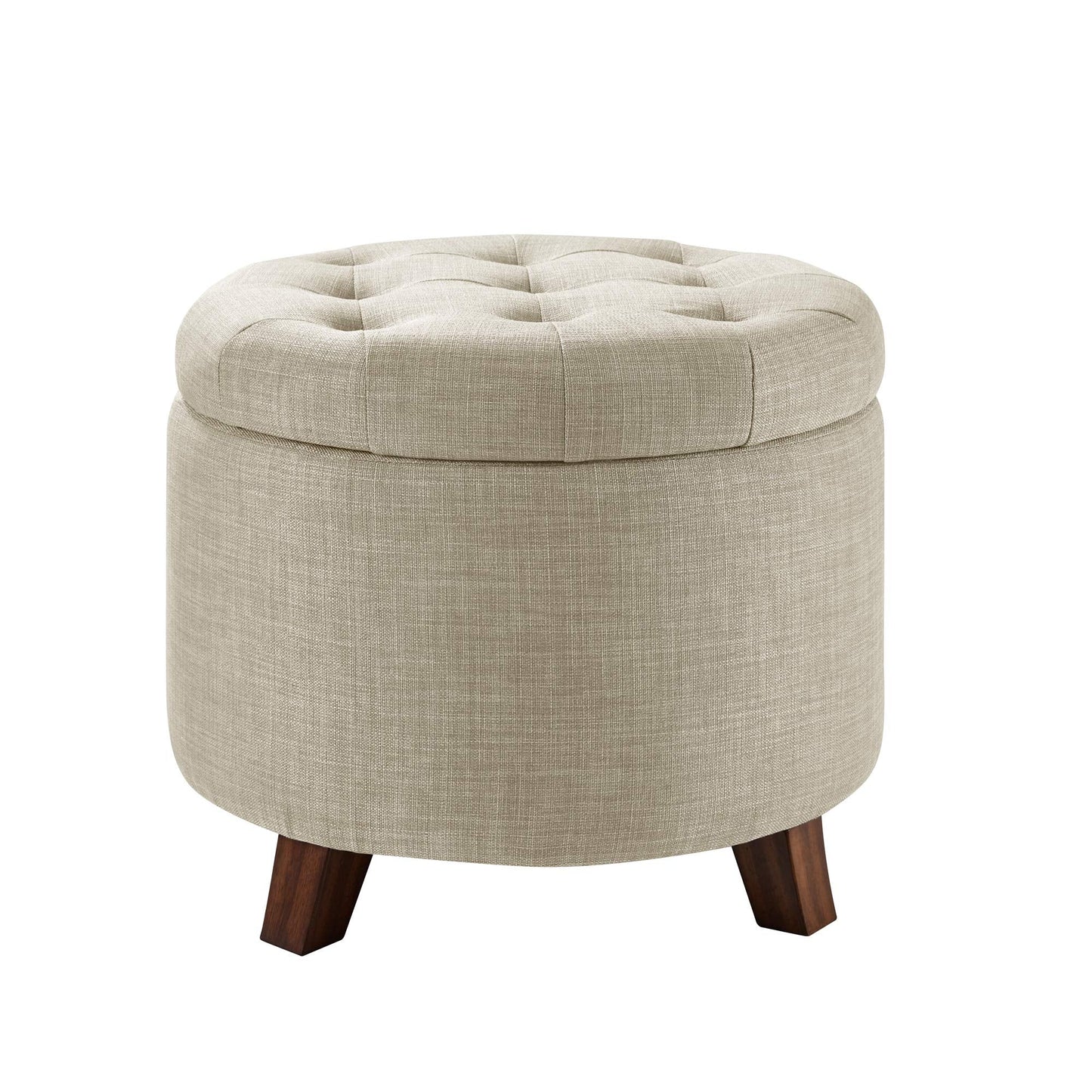Amazon Basics Round Storage Ottoman Foot Rest, Button Tufted Upholstered Footstool with Storage, Sturdy Linen Fabric for Living Room and Bedroom, 20" x 17", Beige