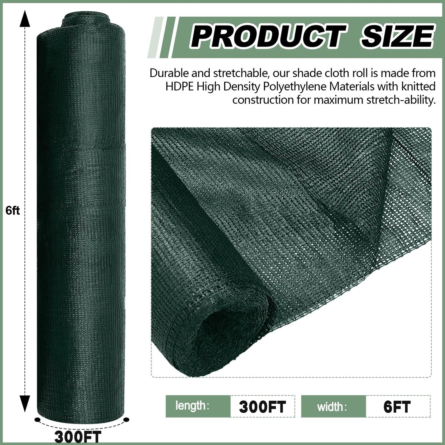 Ribbonlic 6 x 300 ft Green Shade Cloth Roll for Covering Garden 90% Mesh UV Resistant Net with Ties for Patio Outdoor Greenhouse Fence Flower Plant Cover Canopy