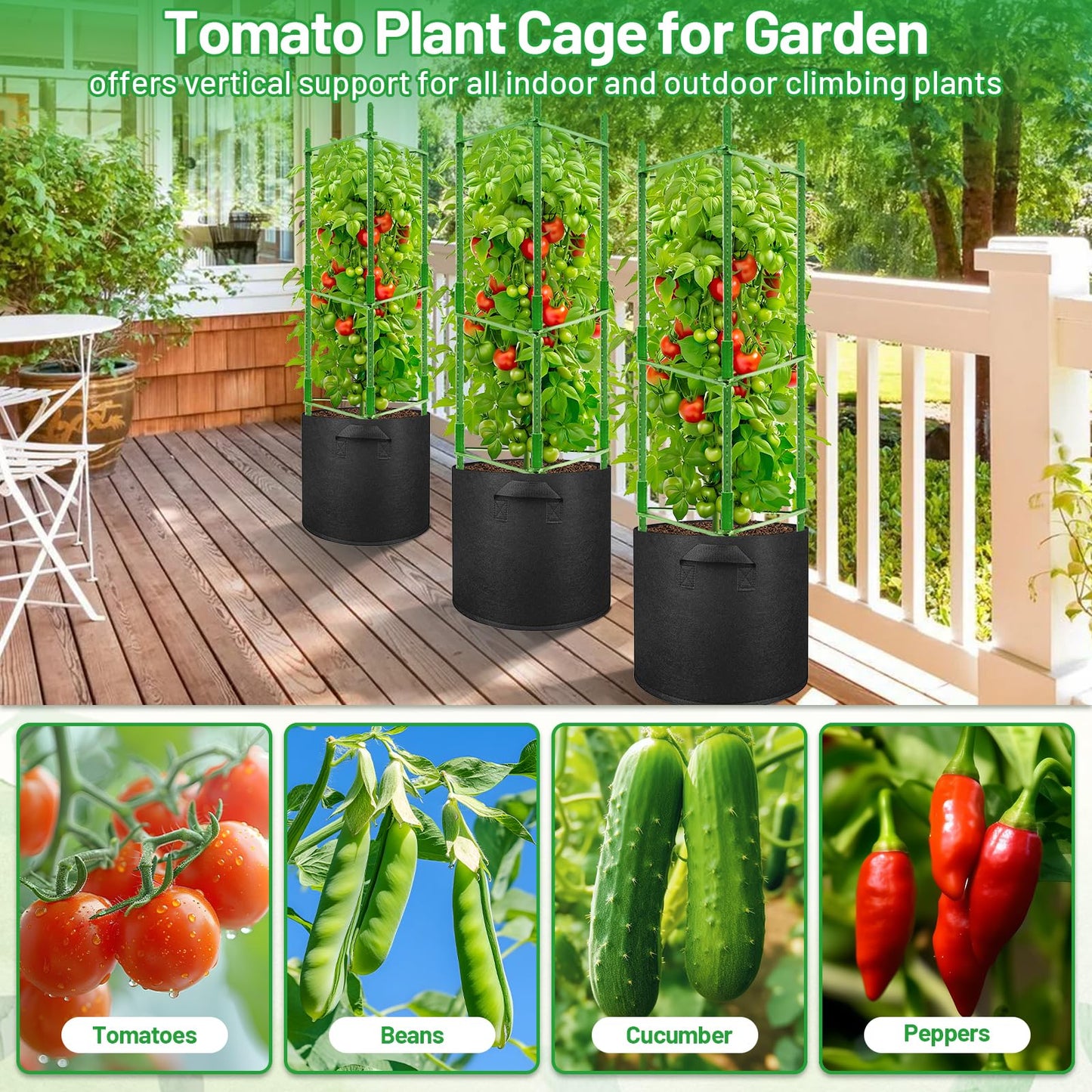 Legigo 4 Pack Tomato Cages with 10 Gallon Grow Bags- 48 Inch Tomato Trellis Planter Plant Support Stakes, Tomato Plant Cage Garden Trellis for Vertical Climbing Plants Vegetables Flowers Fruits