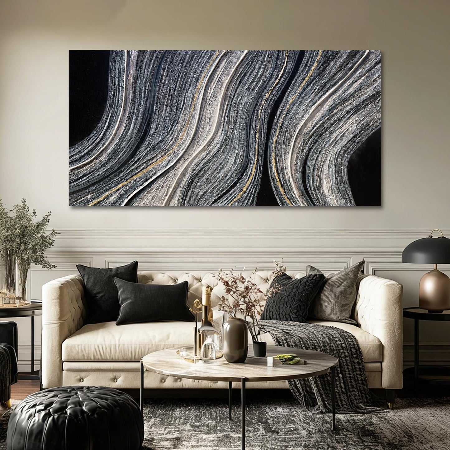 ZUNARE Modern Abstract Canvas Wall Art with Blue Gray and gold Linear Design, Minimal Tonal Artwork Creating a Peaceful Atmosphere for Bedroom Living Room Office Kitchen 24"x48"
