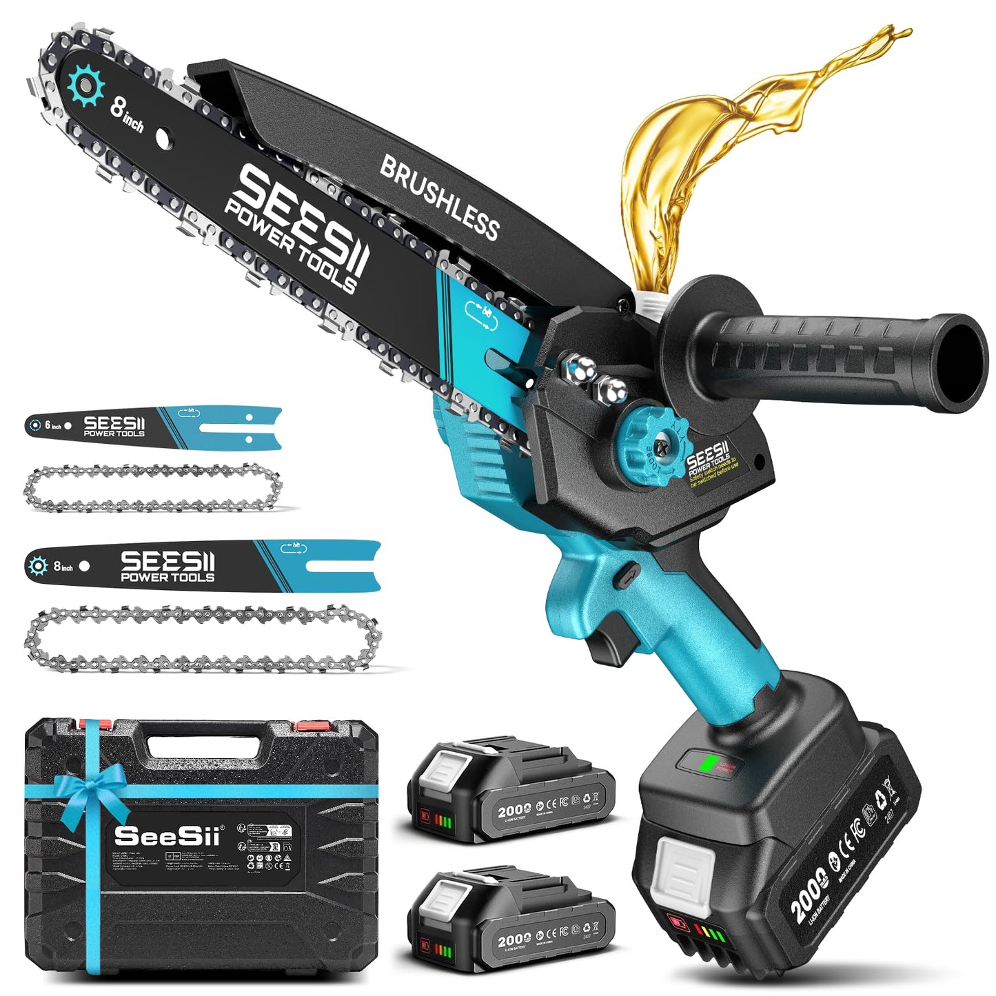 Seesii Mini Chainsaw Cordless, 8 Inch & 6 Inch Electric Chainsaw with 2 Batteries & Auto Oiler, 1000W Brushless Handheld Chain Saw for Tree Branch Wood Cutting, Garden Tools Gift for Men Dad Husband