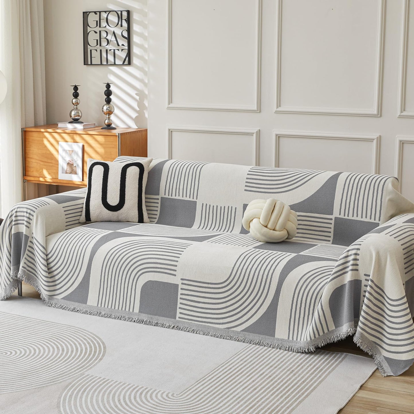 WEYOND Boho Couch Cover Sofa Covers Washable, Chenille Couch Covers for 3 Cushion Couch Sofa Pet Friendly, Bohemian Sofa Slipcovers for Sectional Sofa, Loveseat, 2 3 4 Seater (71" x 102", Grey)