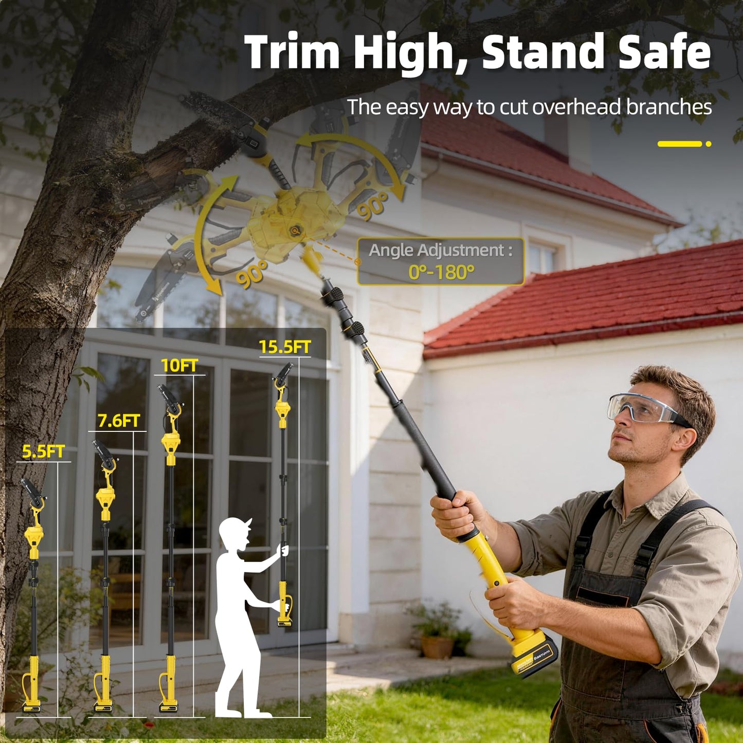 21V Cordless Pole Saw, 4-in-1 180° Rotatable Electric Tree Trimmer with 6/8 Inch Guide Bars,4000mAh Battery & Fast Charger, Telescopic Pole, Brushless Motor for Garden/Farm/Camping