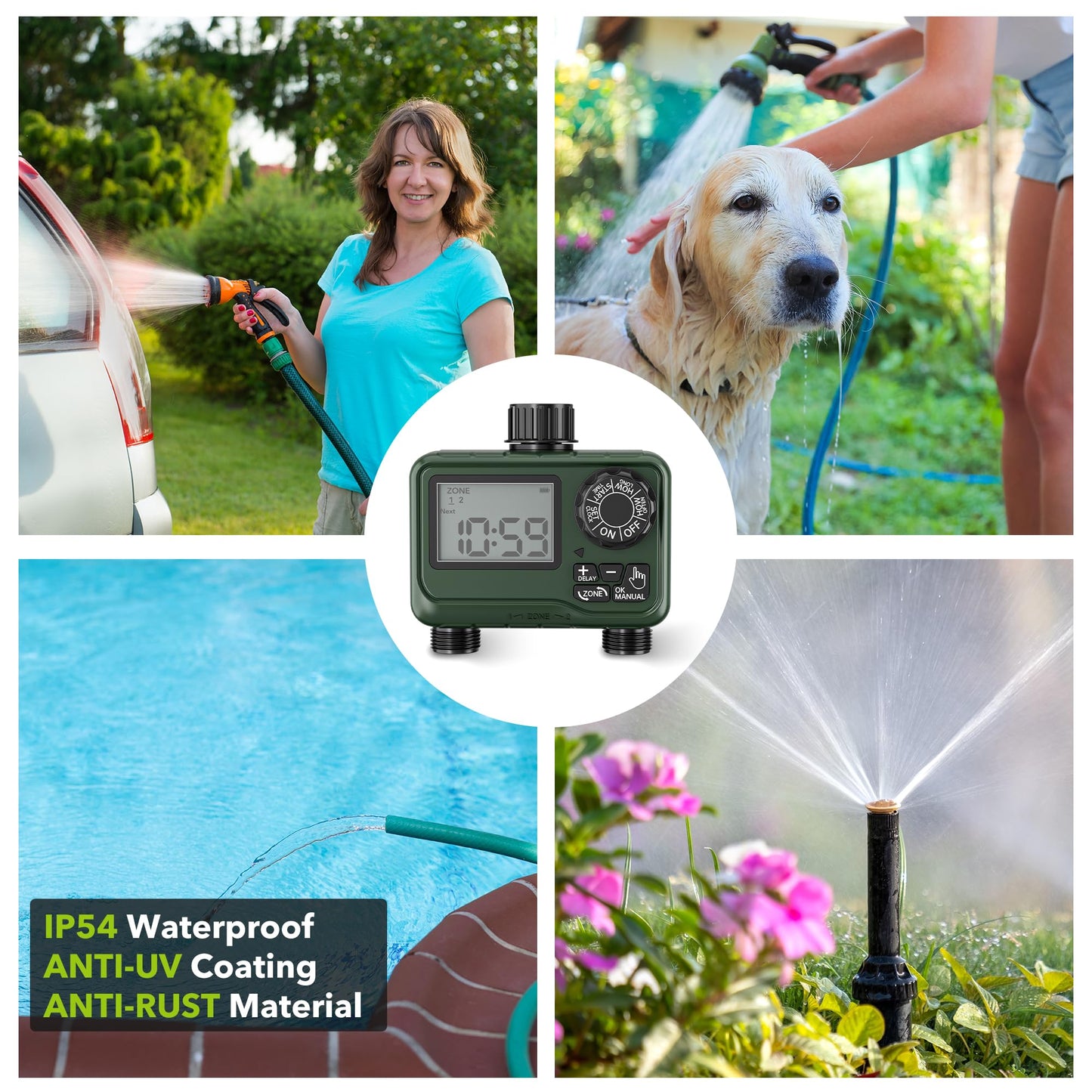 BN-LINK Sprinkler Timer Outdoor - 2 Zone Programmable Water Timer with Rain Delay, Automatic Irrigation System for Lawns & Garden Hoses - Waterproof Manual Controller with Large LCD Display