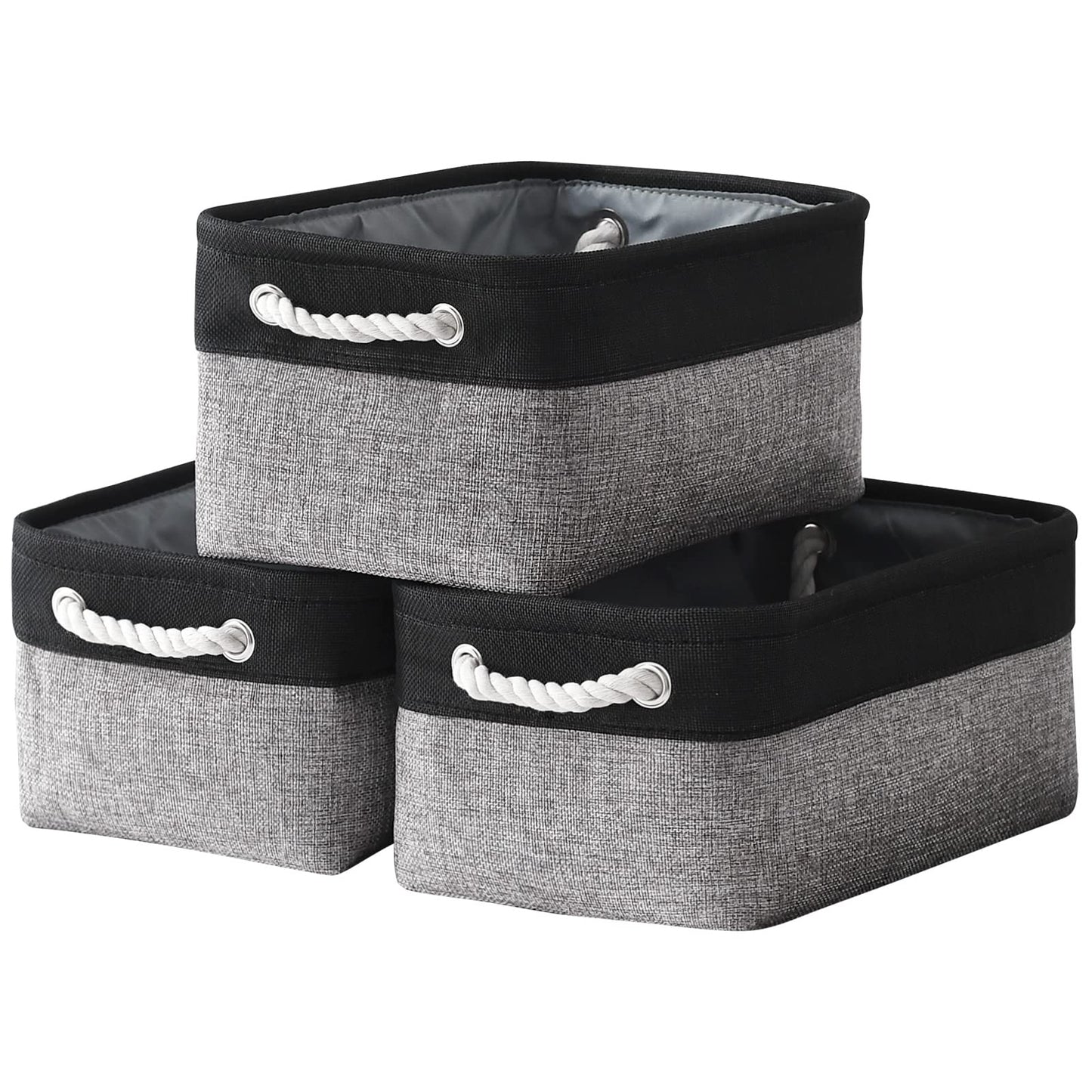 TheWarmHome Storage Basket for Organizing - 14x10x7 inch Medium 3 Pack Collapsible Storage Bin for Shelves with Rope, Fabric Storage Cubes for Organizer Cloth Gift Toy Closet (Black & Grey)