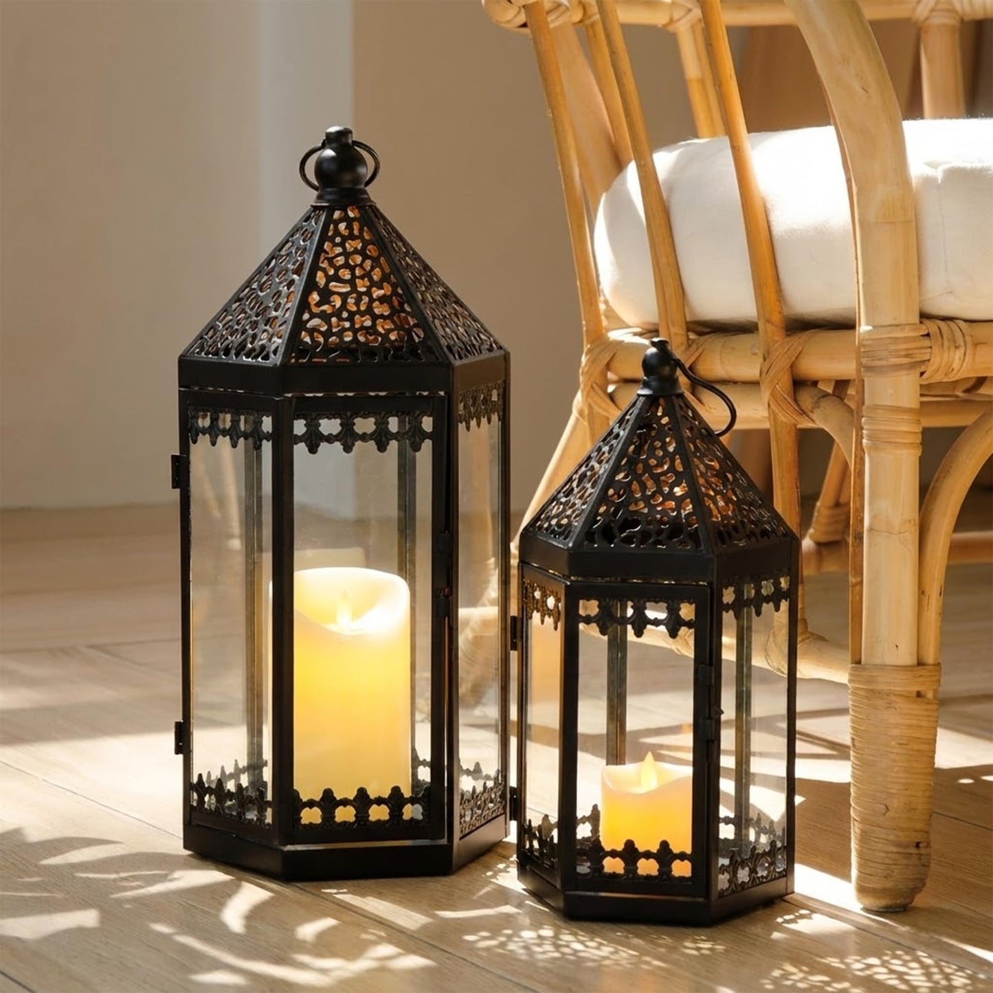 TRIROCKS Set of 2 Decorative Candle Lantern 16'' & 12'' High Metal Candle Holder Hanging Lanterns with Tempered Glass for Indoor Outdoor Home Decor Parties Garden Events (Black)
