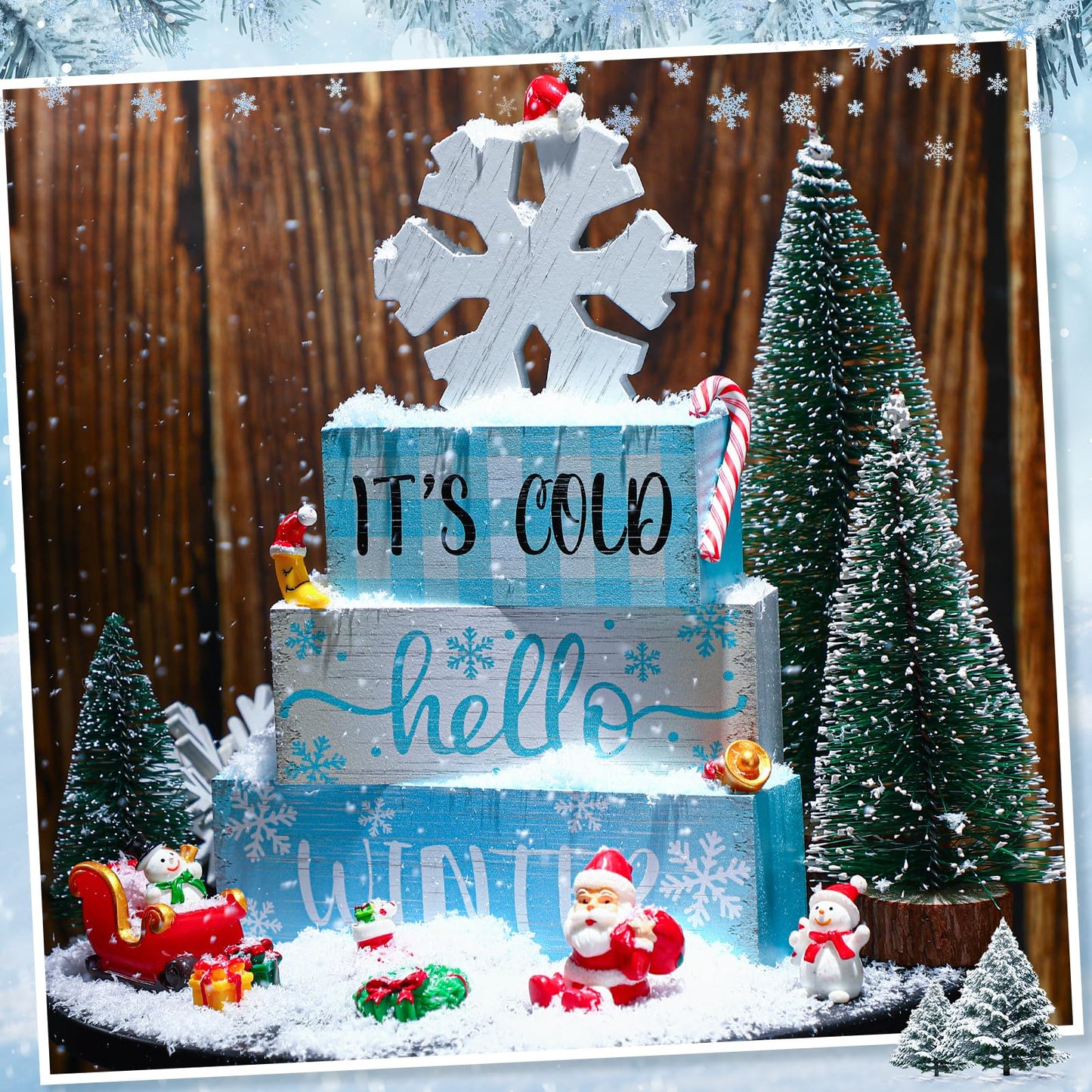 4 Pcs Christmas Winter Table Decorations,Rustic Winter Signs for Home Decor,Farmhouse Snowflake Home, Snowflake Tiered Tray Christmas Centerpiece, Wonderland Decor for Office, Shelf