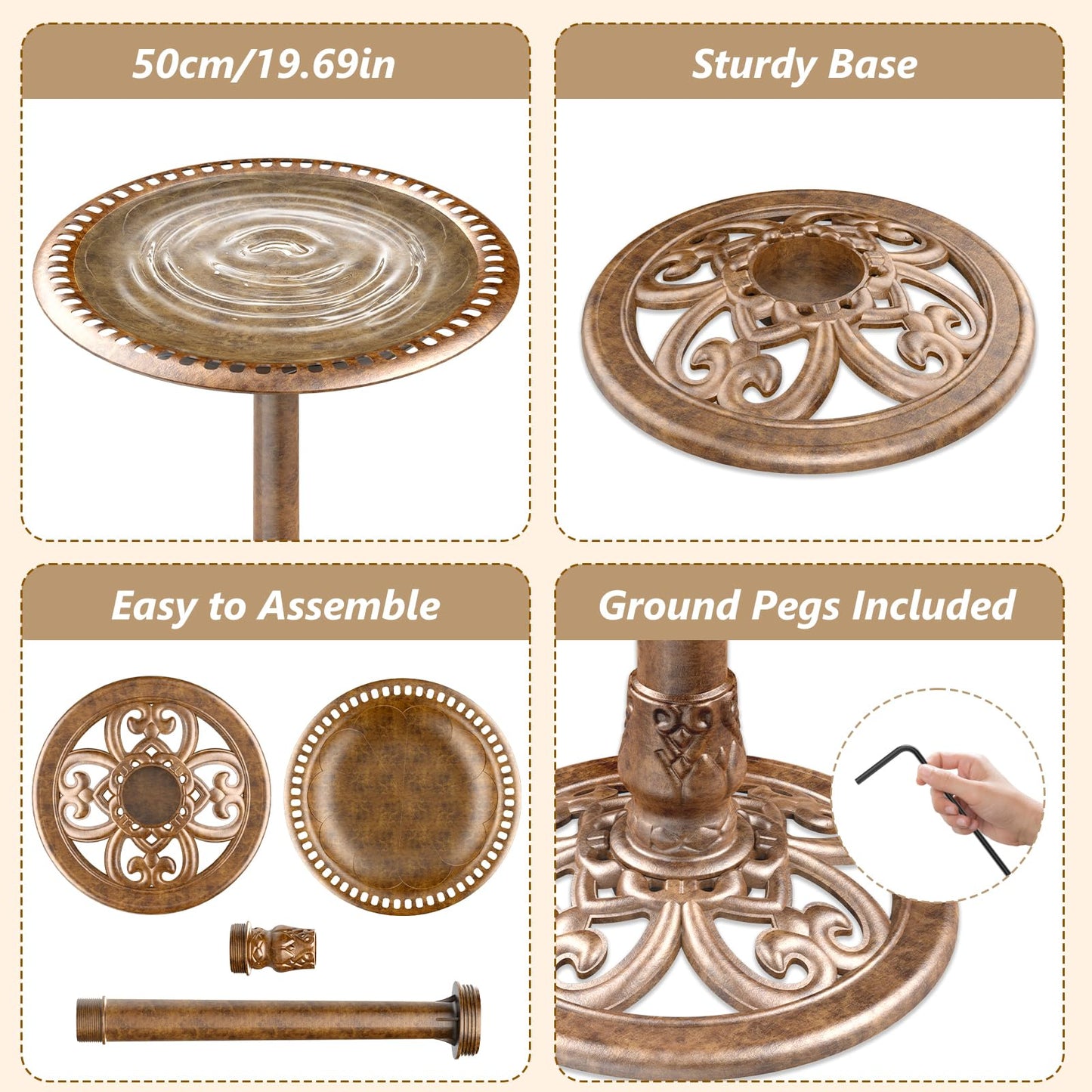 AISITIN 28 Inch Bird Bath with 3.5W Solar Fountain for Outside, Antique Copper Polyresin Pedestal Bird Baths for Outdoor Garden Courtyard Decor, Weather-Resistant Birdbaths with 20" Bowl & 8 Nozzles