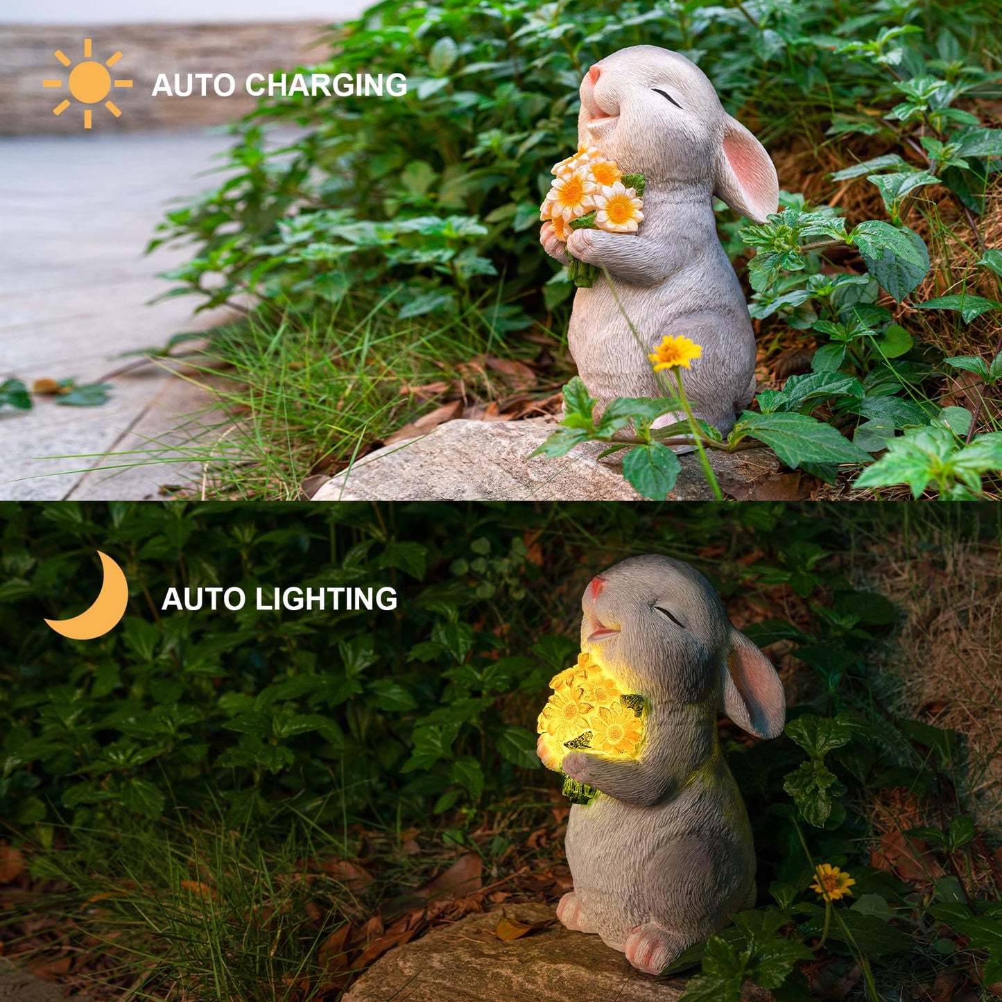 WONDHOME Solar Rabbit Garden Statues Outdoor Bunny Decor Resin Rabbit Figurine Holding Sunflower with LED Lights for Proch Patio Lawn Yard Mother's Day Christmas Birthday Gardening Gifts for Mom Women