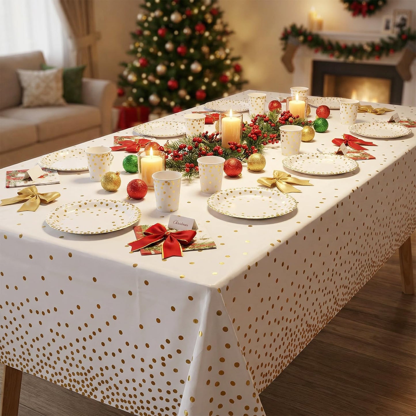 hapray 201 PCS Disposable Paper Plates Gold Party Supplies, Golden Polka Dots Birthday and Baptism Decorations, include Plates and Cups, Napkins, Plastic Tablecloth for Baby Shower Wedding Christmas