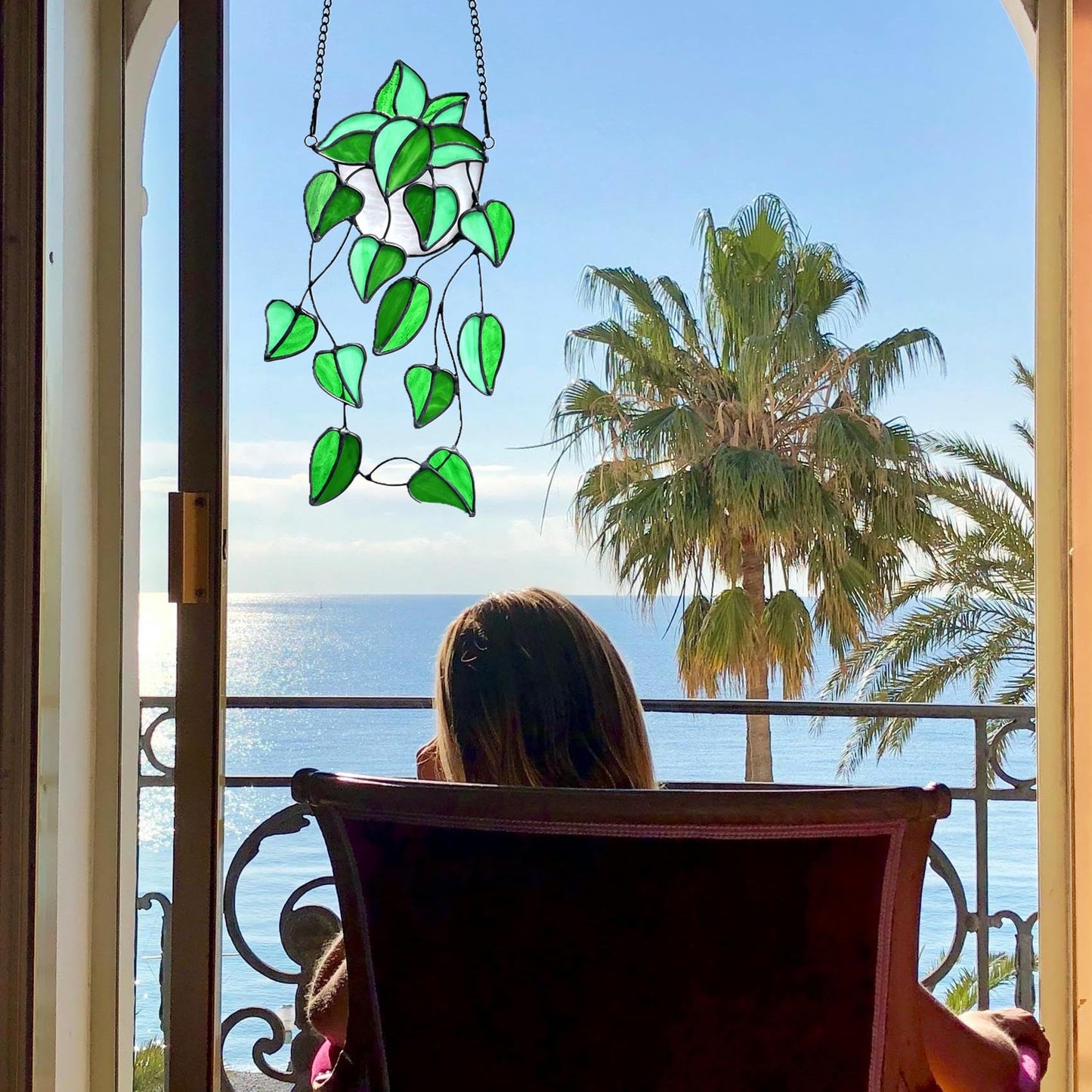 Lcensp Green Faux Plants Stained Glass Window Hanging Suncatcher, Artificial Plants Decor Gift for Women, Stain Glass Sun Catchers Indoor Window, Handcrafted Home Wall Art Decoration Ornament.