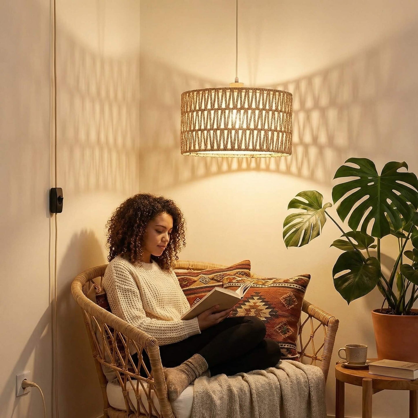 Qingmiao Boho Plug in Pendant Light, Rattan Hanging Lamp Plug in with Woven Shade, 3-Way Dimmable Hanging Light Fixture for Living Room Bedroom Kitchen Ceiling Home Decor