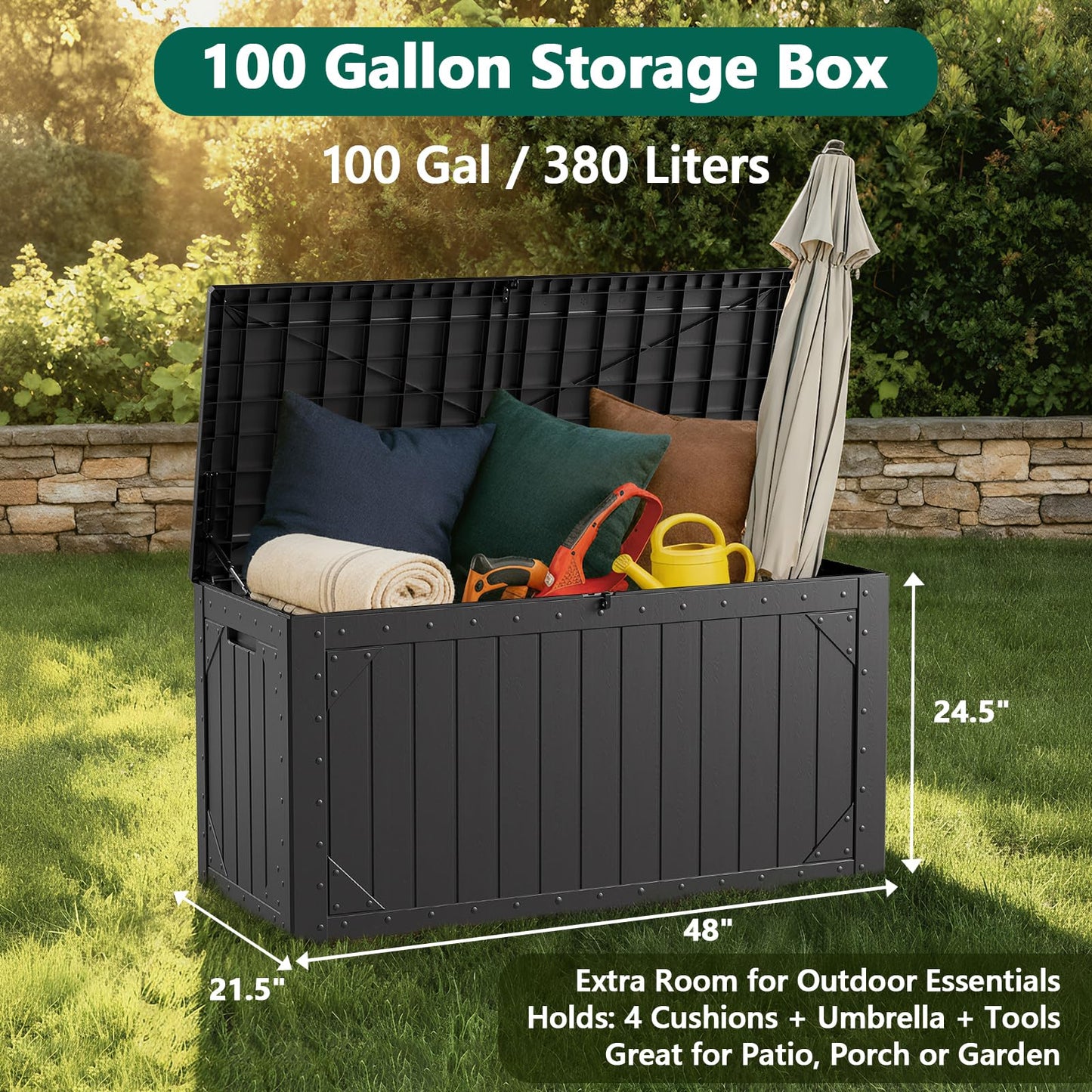 MAKE CHANGES 100 Gallon Outdoor Storage Box, Waterproof Resin Deck Box Organizer for Patio Cushion Storage, Lockable Outside Container for Garden Tools