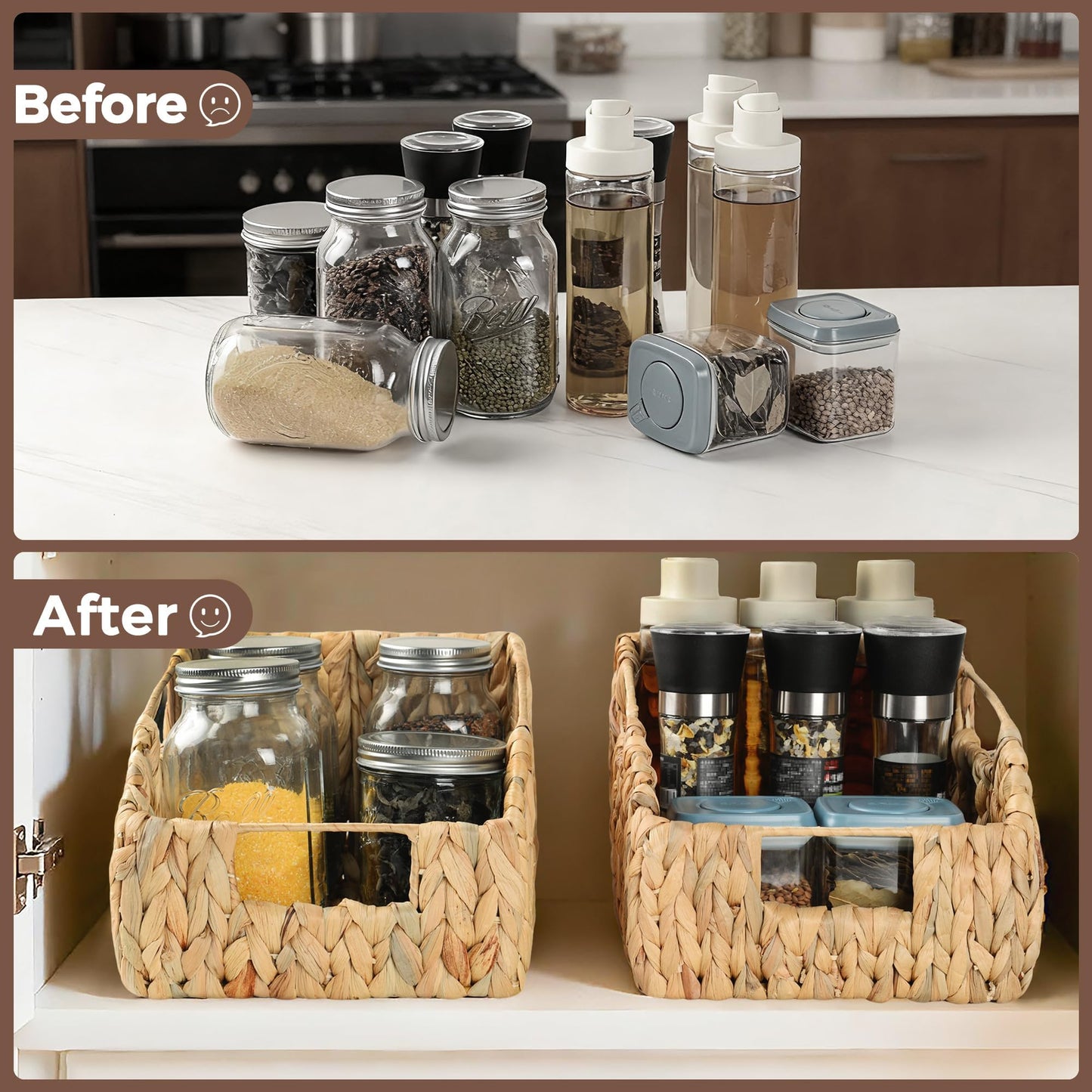 2-Pack Wicker Basket Set - Water Hyacinth Pantry Organizers and Storage w/Handles, For Home, Bedroom, Kitchen, & More - 100% Earth Friendly Woven Rattan, Simple Open Shape Decorative Baskets