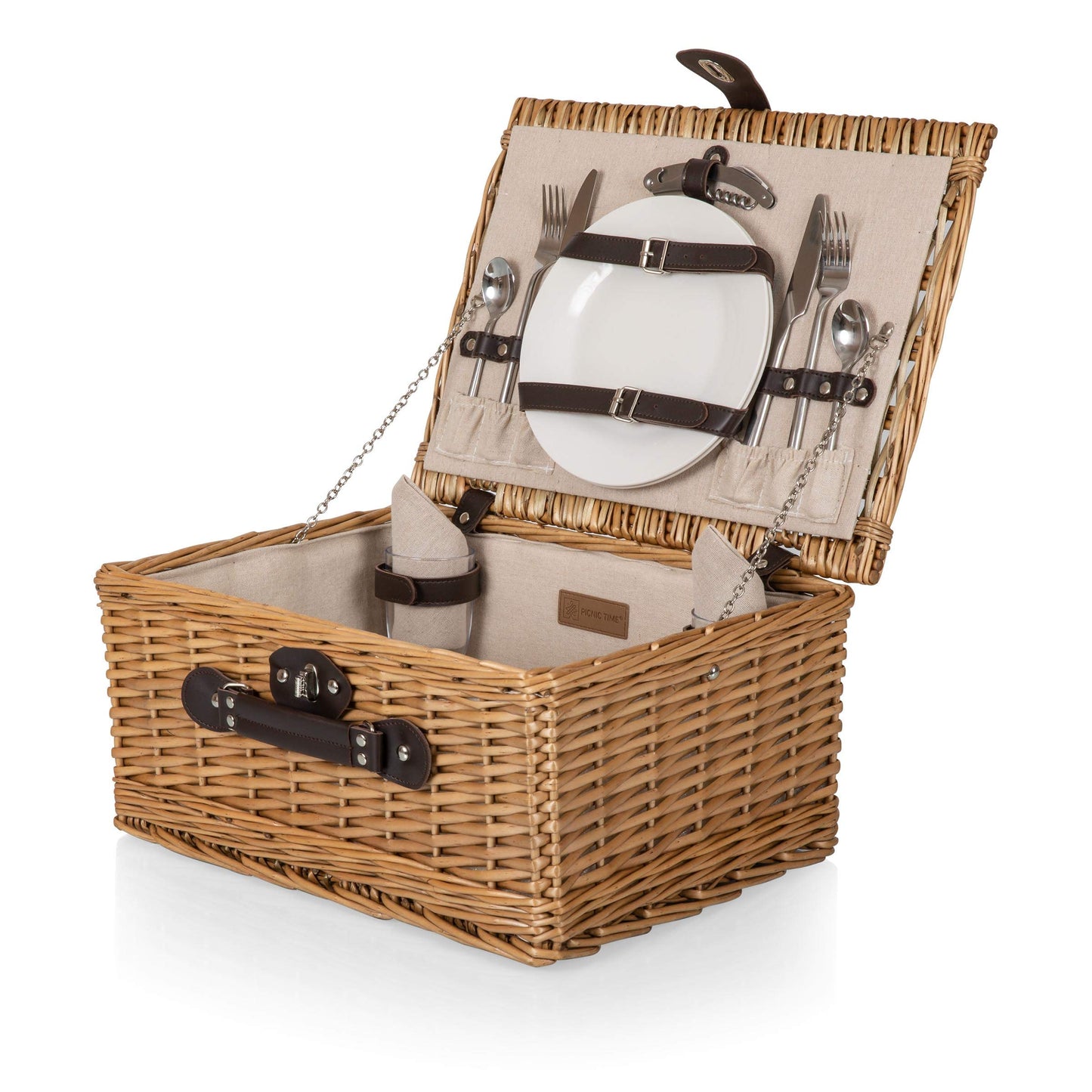PICNIC TIME Classic Picnic Basket for 2, Romantic English-Style Wooden Wicker Basket with Deluxe Service for 2, Fully-Lined Interior, Leatherette Lid-Locking Buckle, and Carry Handle, (Beige Canvas)