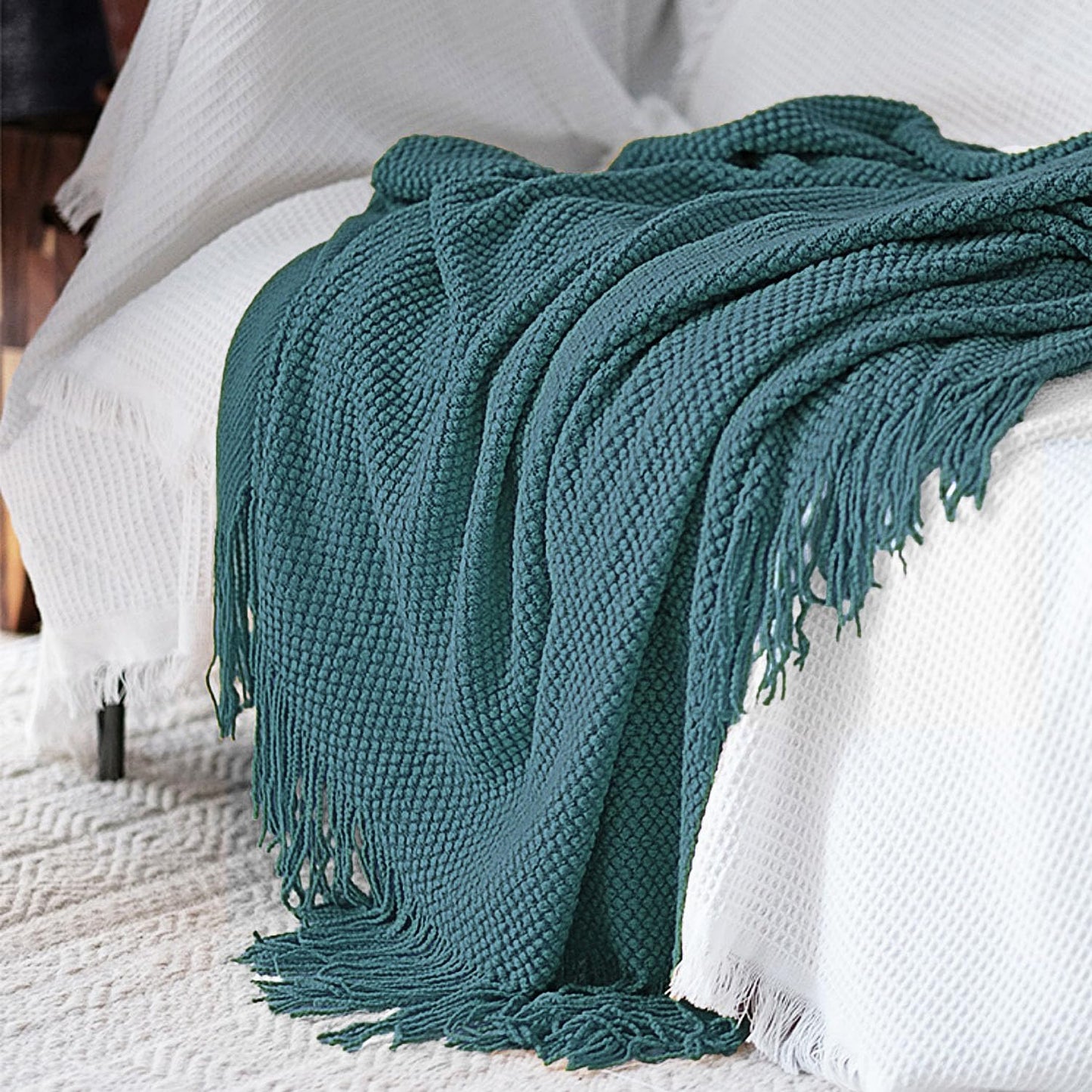 LOMAO Knitted Throw Blanket with Tassels Bubble Textured Soft Blanket Lightweight Warm Throw Blanket for Couch Cover Home Decor (Teal, 50x60)