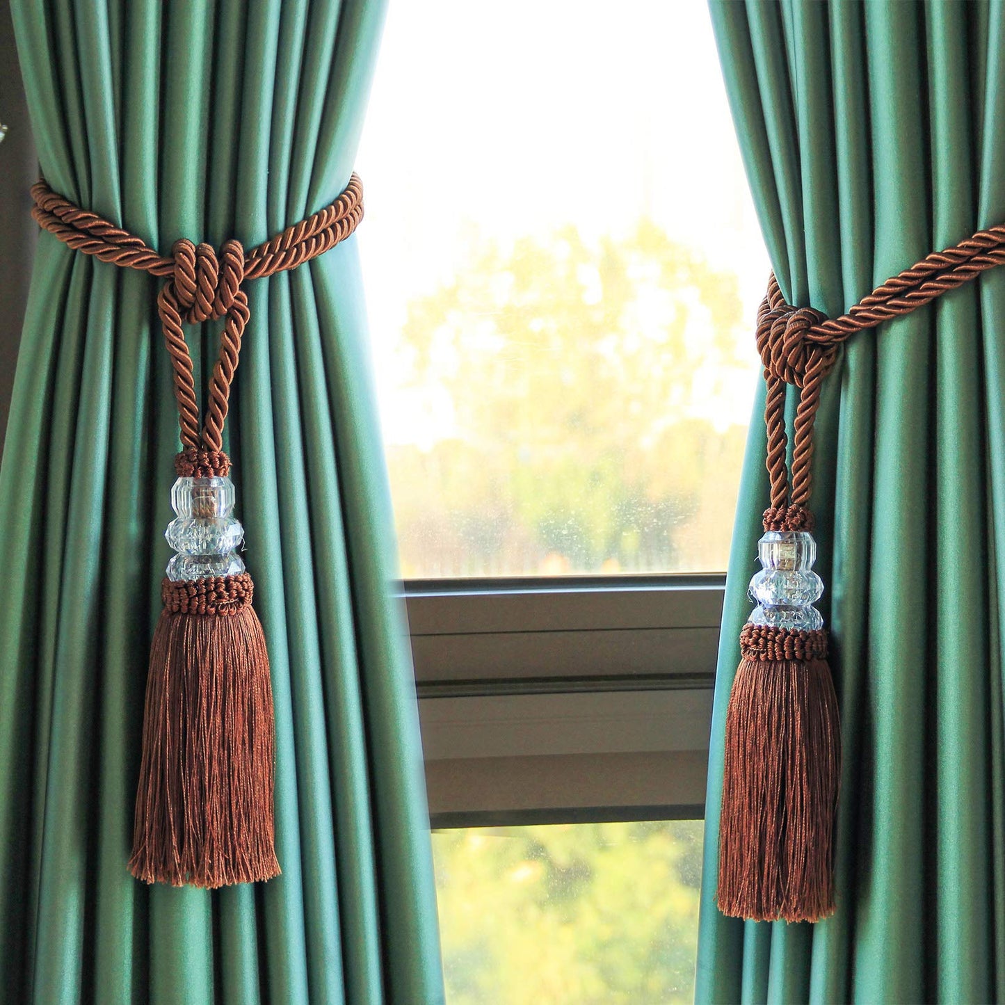 Fenghuangwu Tassel Curtain Tiebacks Handmade Curtain Tie Backs, Elegant Crystal Curtain Holdbacks for Home Office Decor (Coffee, 2P)