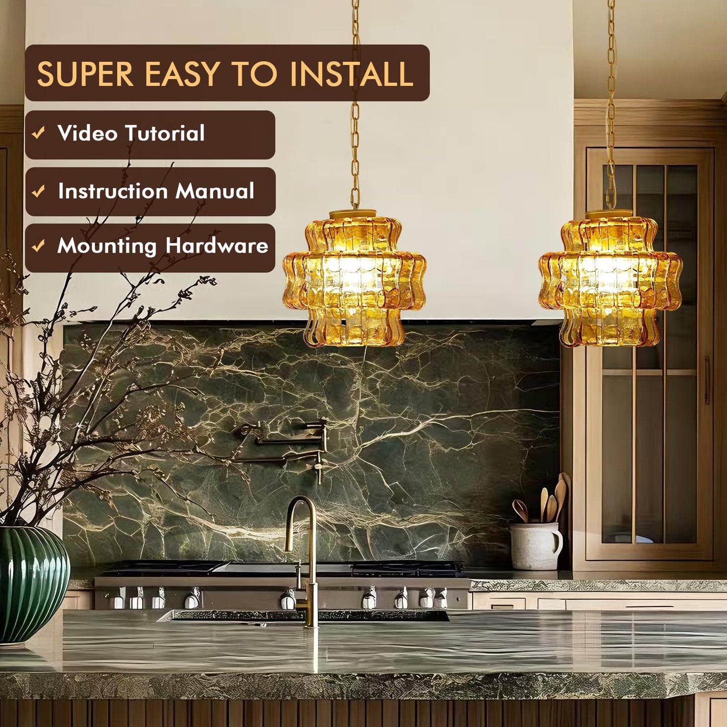 Arziheg 11.8in Kitchen Island Pendant Lights Gold, 4-Light Glass Dining Room Light, Height Adjustable 3 Layer Luxury Modern Pendant Light Fixture for Foyer Bedroom Entryway Hallway(Amber Glass)