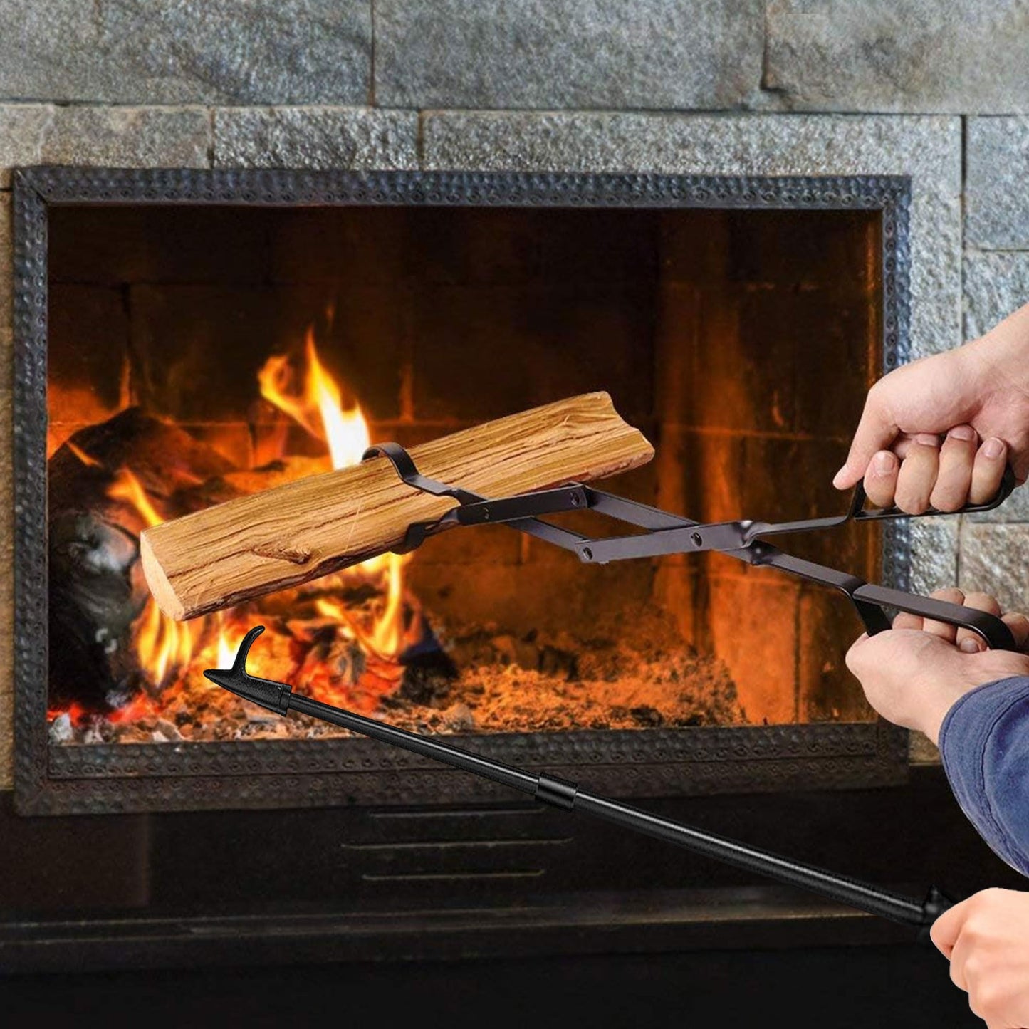 Heavy Duty 32” Long Fireplace Fire Pit Campfire Poker Stick and 26” Fireplace Tongs Tool Set Log Grabber Rust Resistant fire poker Camping Fireplace Tools for Indoor Outdoor Solo Stove Accessories