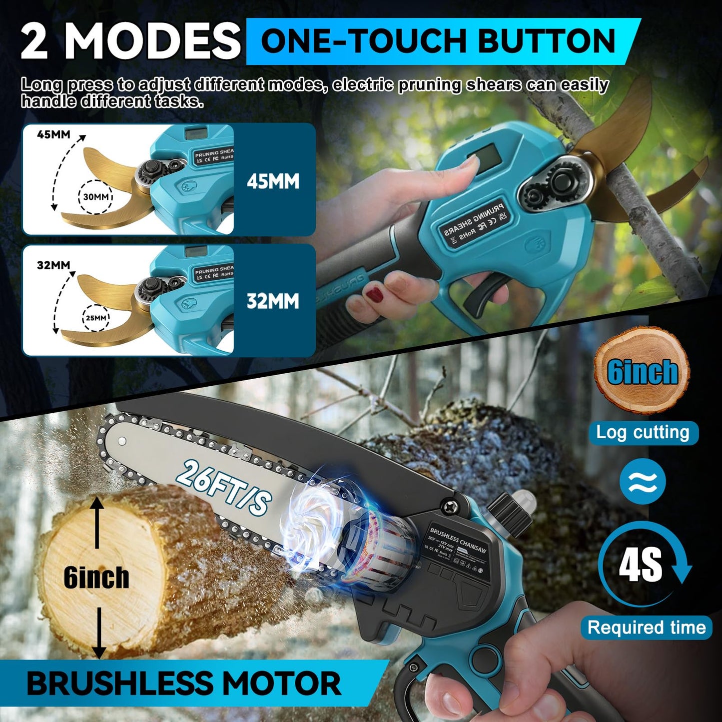 Gpaentsn 4-in-1 Brushless Mini Chainsaw & Electric Pruning Shears Combo Kit with 8.5ft Extension Pole, 6-Inch Cordless Pole Saw, Electric Pruning Shears, 2x 21V Batteries, Tool Set for Tree Trimming