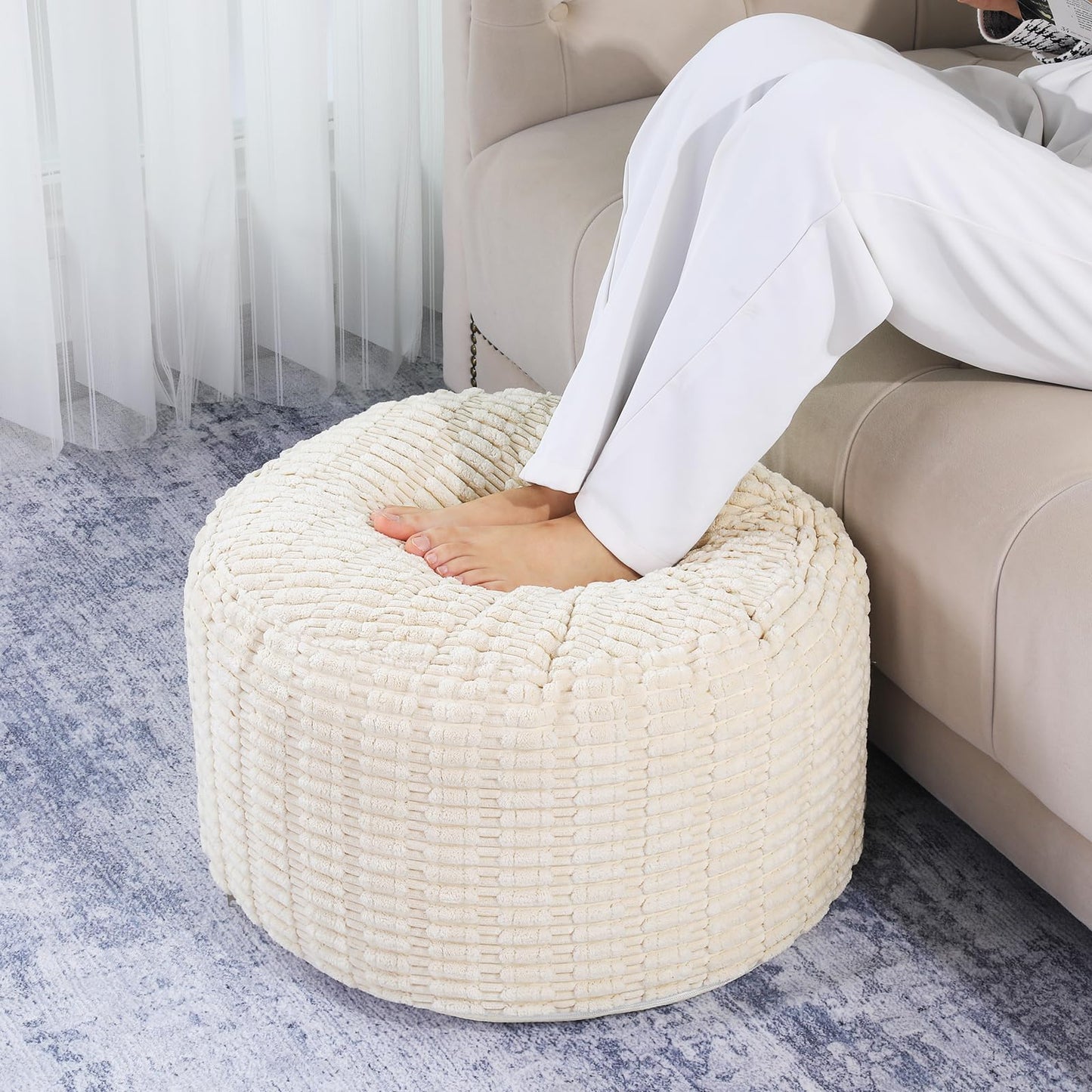 HOMBYS Unstuffed Ottoman Pouf Cover,Round Faux Fur Foot Stool, Fuzzy Chair, Floor Bean Bag(No Filler),Foot Rest with Storage for Living Room, Bedroom, Office, Striped Tufted (Beige)