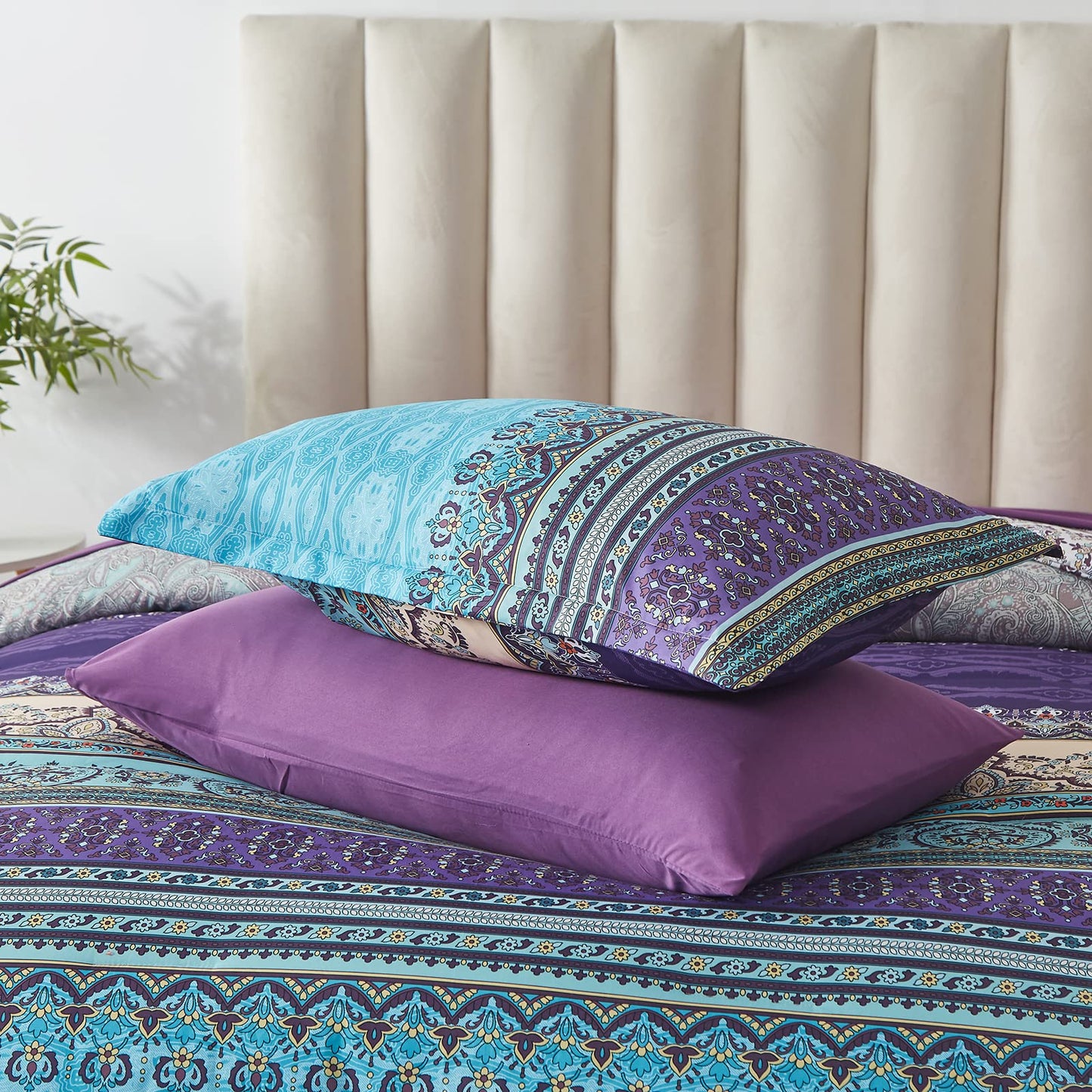 Cottolester Boho Comforter Set Queen Size 8 Piece Bed in a Bag Bohemian Striped Bedding Quilt Set Aqua Paisley Floral Comforter and Sheet Set,Soft Microfiber Complete Bedding Sets for All Season