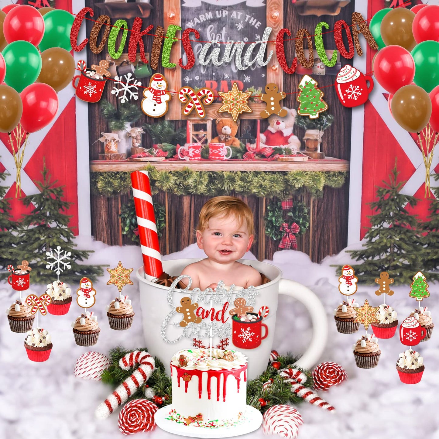 Cookies and Cocoa Party Decorations, Cookies and Cocoa Banner Snowflake Snowman Gingerbread Man Garland Cake Topper Balloons, Hot Cocoa Party Hot Chocolate Party Christmas Birthday Party Decorations