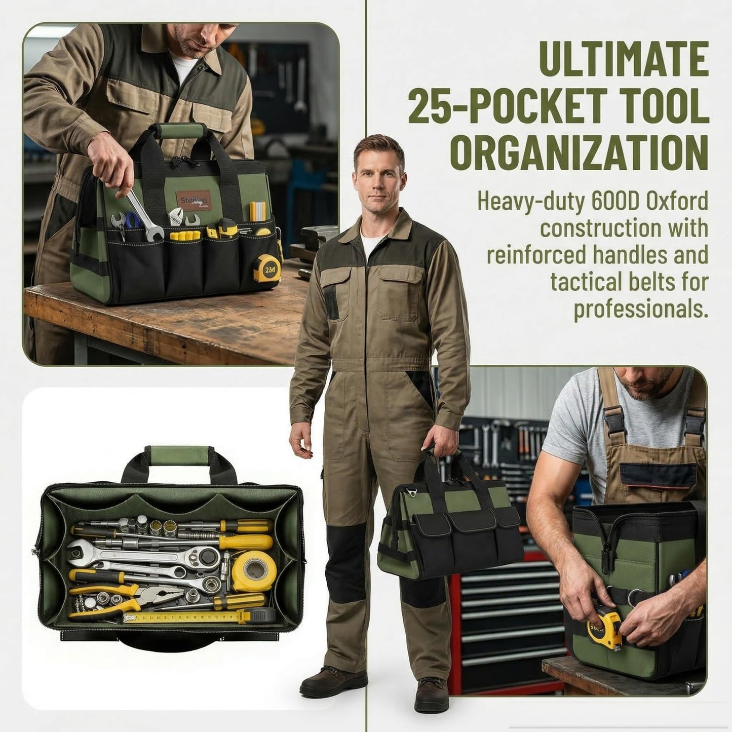 Stellign Heavy Duty Tool Bag 16-Inch,25-Pocket Portable Tool Box Organizer with Big Storage ToolBox, Zipper Carrying Toolbag-Multi Pouch for Construction, Electrical,Gifts for him Dad,Men,friend