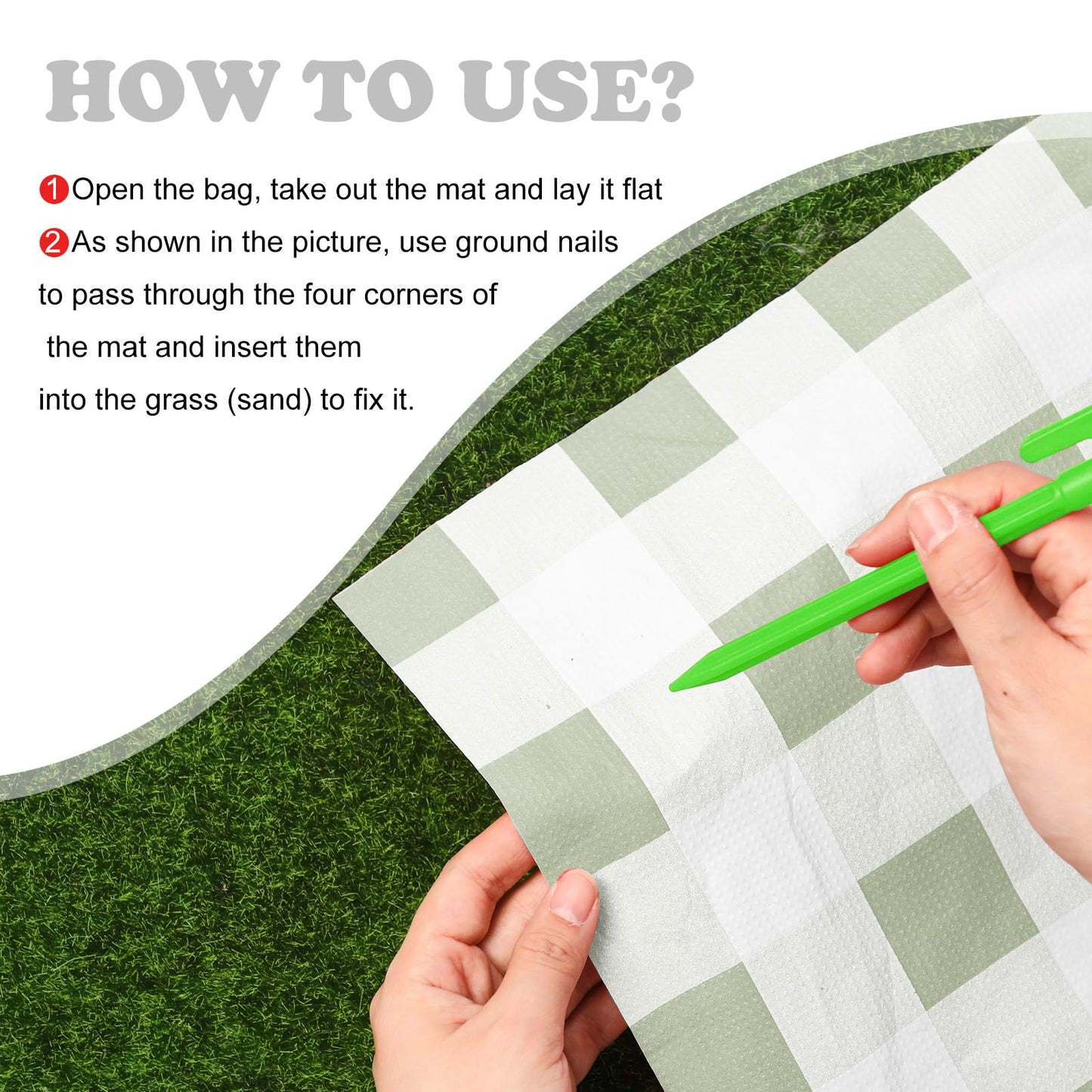 HunnmingRe 6 Pcs Disposable Outdoor Picnic Blankets 71''x71'' Thicken Foldable Waterproof Picnic Mats Gingham Oil Proof Camping Blankets with 4 Ground Spikes Beach Travel Hiking(Green and White)