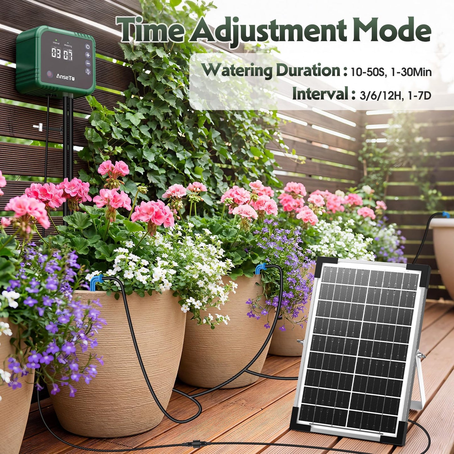 AnseTo 8W Solar Drip Irrigation System for Gardens, DIY Automatic Drip Kit, Supports Watering 30 Pots, Includes 35m Drip Hose and 30 Emitters Suitable for Gardens/Greenhouses/Outdoor Irrigation Timer