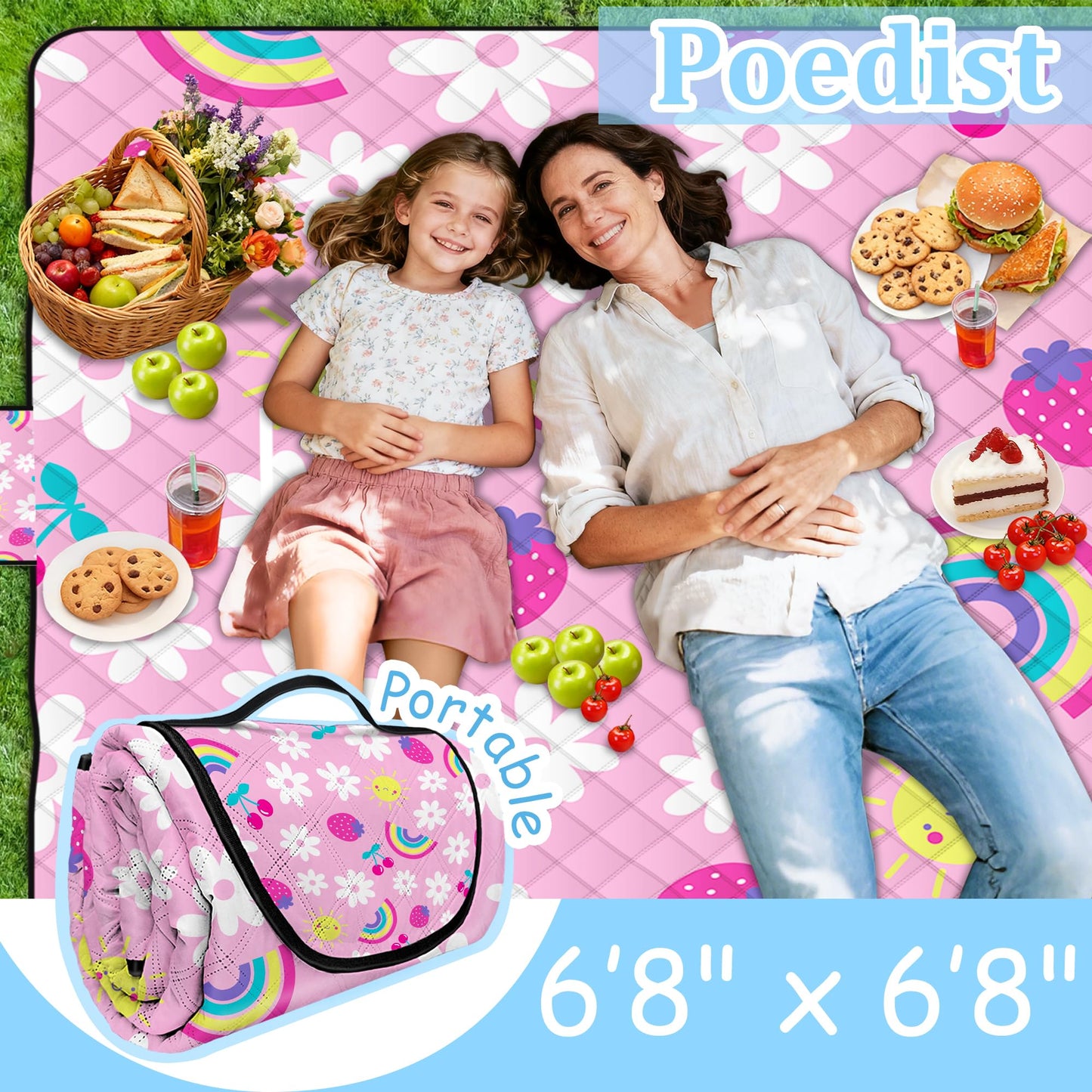 Extra Large Picnic Blanket Waterproof,80"x 80"Foldable Machine Washable Beach Blankets,Outdoor Blanket for 6-8 Adults, Picnic Mat Suitable for Indoor Crawling,Park Beach,Camping,Hiking, Travel(Pink)