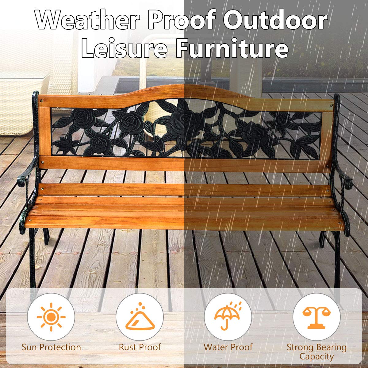 Giantex 50 Inch Patio Bench, Outdoor Furniture Rose Cast Iron Hardwood Frame Porch Loveseat, Weather Proof Porch Path Chair for 2 Person Outside Bench