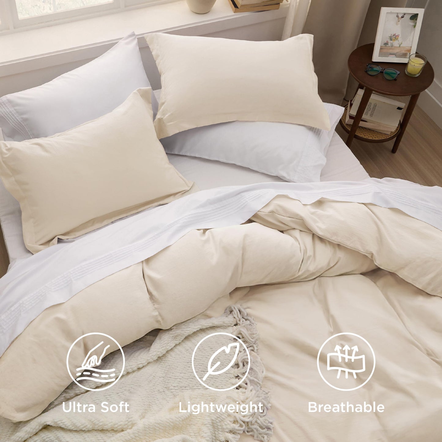 Bedsure Oat Milk Duvet Cover Queen Size - 3 Pieces Prewashed Cotton-Like Polyester Extra Soft Bedding Set, Includes 1 Duvet Cover 90x90 Inches with Zipper Closure & 2 Pillow Shams, No Comforter