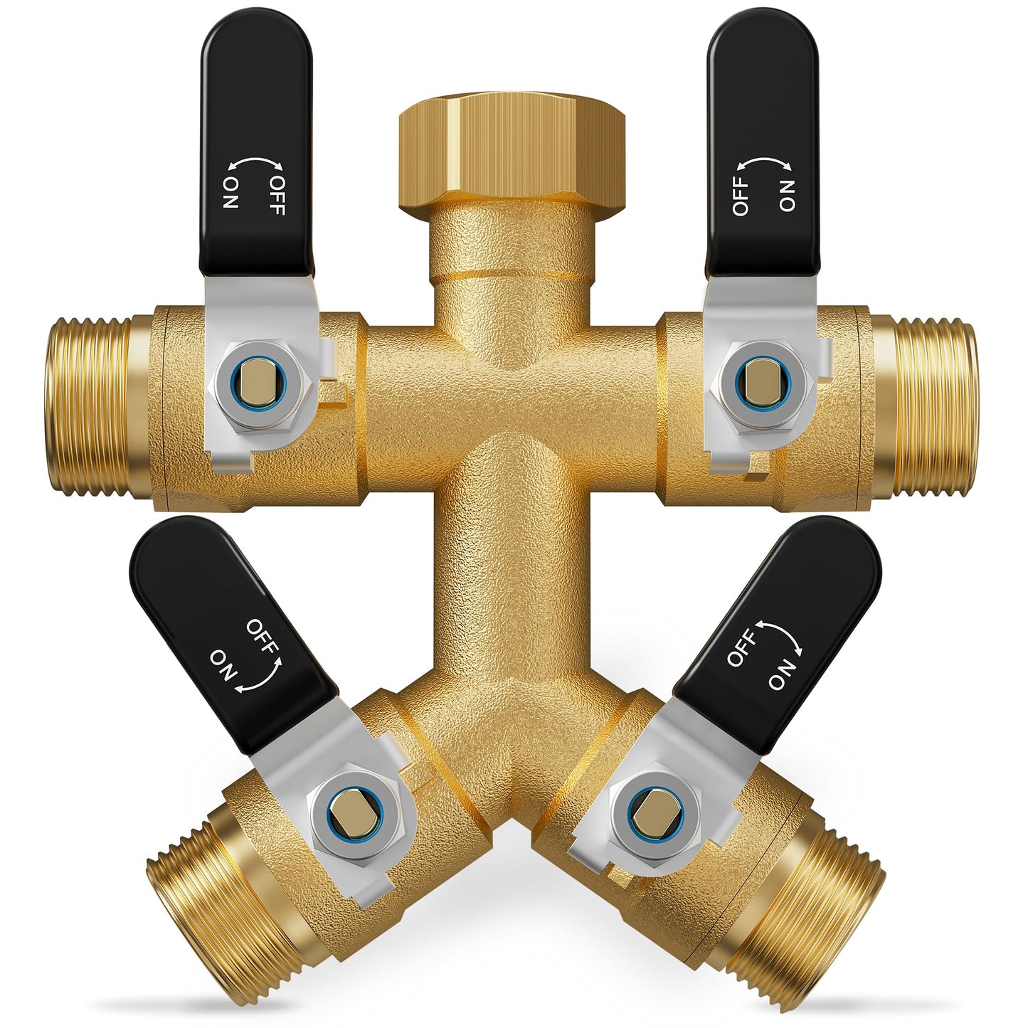 4 Way Hose Splitter, Heavy Duty Brass Garden Hose Splitter, Water Hose Bib Spigot Splitter with 0.59" Full Flow Ball Valve Outlet & Shut-Off Valve 3/4'' Connector Outdoor Water Faucet Adapter