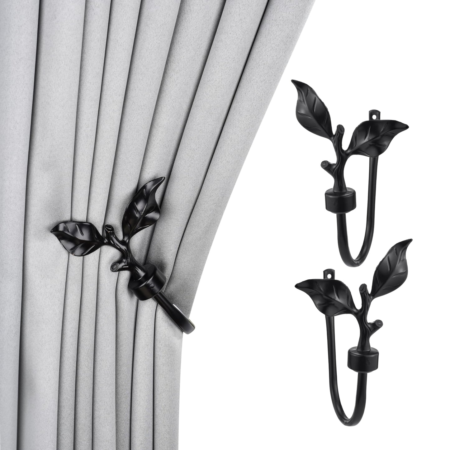 SUQ I OME 1 Pair of Leaf Shaped Curtain Holdbacks Metal Curtain Side Holders for Wall, Antique Brass Curtain Tieback Hook Pull Backs for Drapes Window Home Decoration,Black