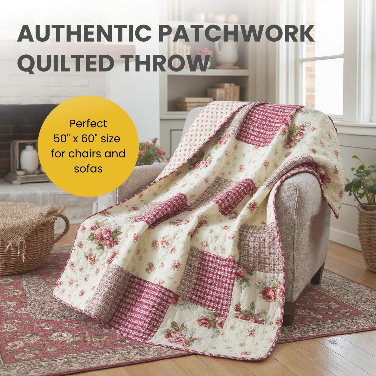 SLPR Cotton Quilted Throw Blanket, 50" x 60" Floral Farmhouse Patchwork Quilt, Shabby Chic Patchwork Throw Lap Quilt for Couch, Country Roses