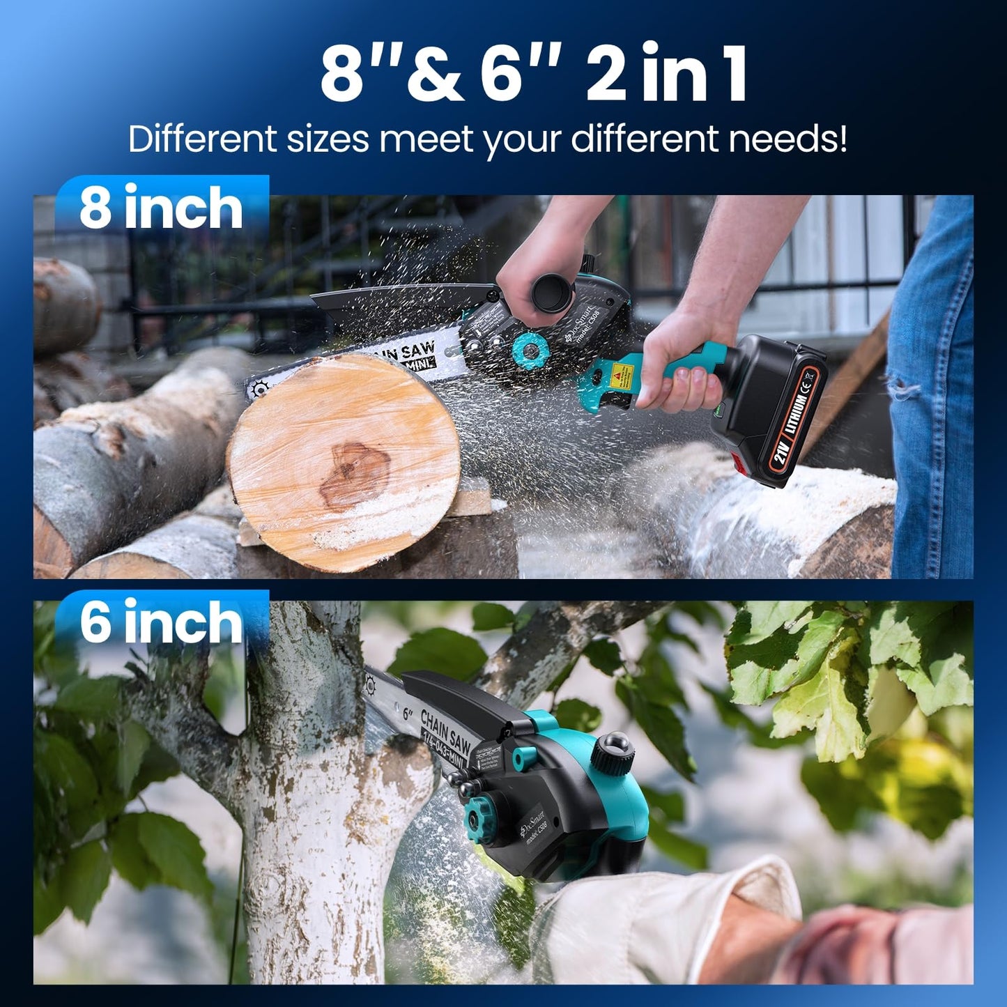 Electric Hand Saw for Pruning Small Trees, Brushless 8 inch & 6 inch Portable Mini Chainsaw with 2 Rechargeable Batteries, 1000W Handheld Chain Saw for Wood Cutting, Gardening Gifts for Mother's Day