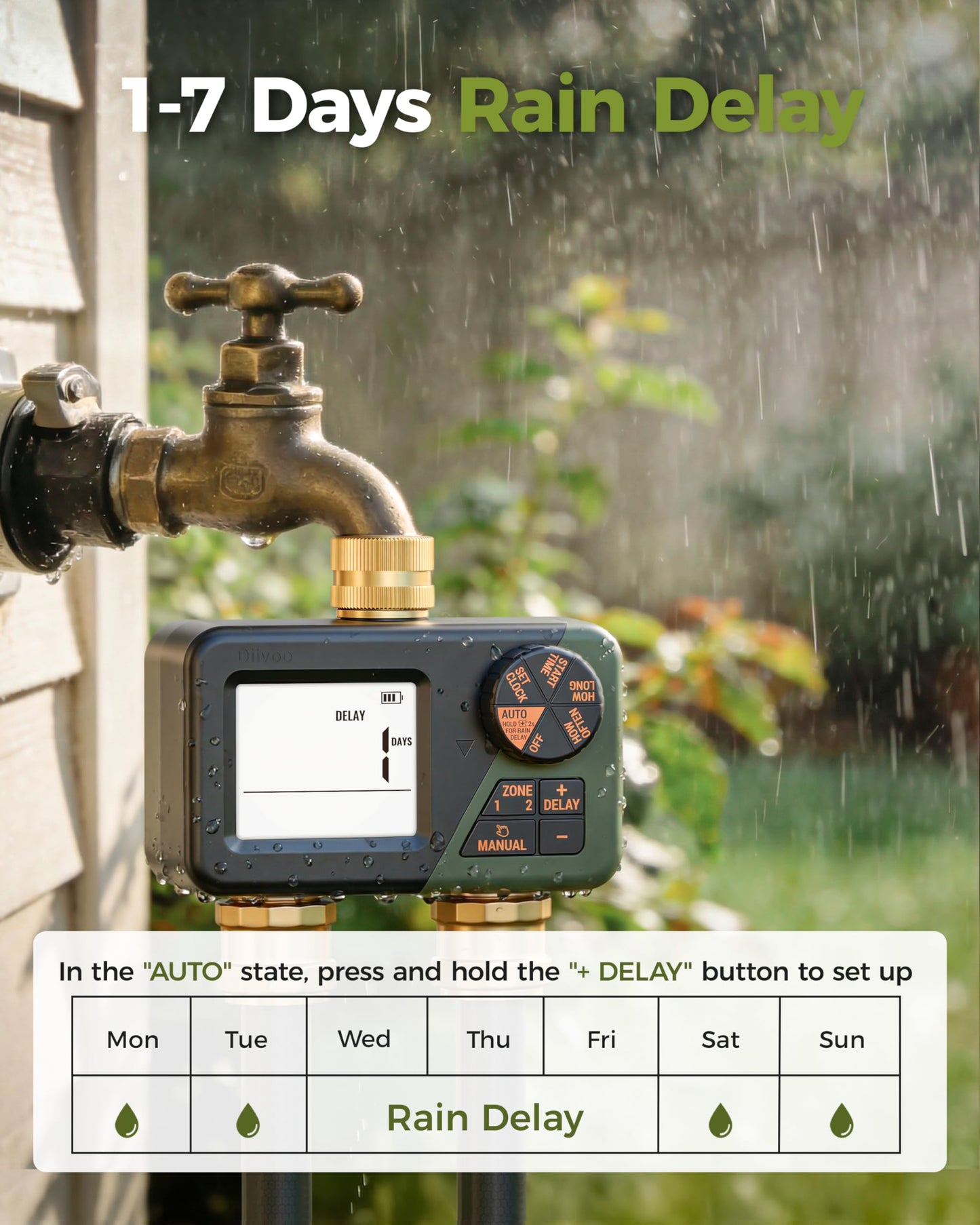 Diivoo Brass Sprinkler Timer 2 Zone, IP66 Waterproof Programmable Water Hose Timer 2 Outlet with Large Display, Rain Delay & Manual Watering for Outdoor Automatic Irrigation of Garden, Lawn, Yard