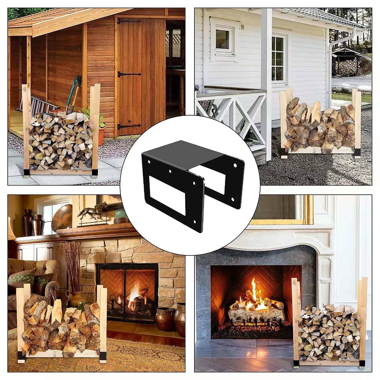 Zhitaoxun 4 Pack Firewood Log Storage Rack Bracket,Indoor Outdoor Adjustable Heavy Duty Powder Coated Steel Holder,Fireplace Wood Storage, Log Holder