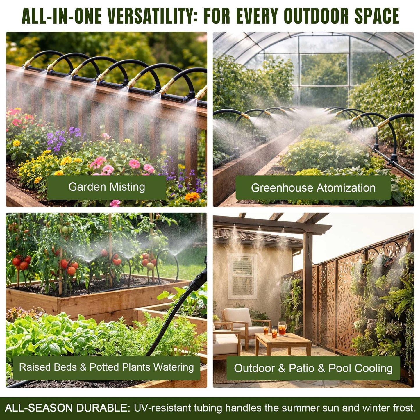 100FT Drip Irrigation System Kit Dual-Zone Garden Atomizing Watering System with 30 Copper 360° Adjustable Bendable Nozzles,Y-Splitter, Leak-Proof 1/4" Misting System for Garden Greenhouse Raised Beds