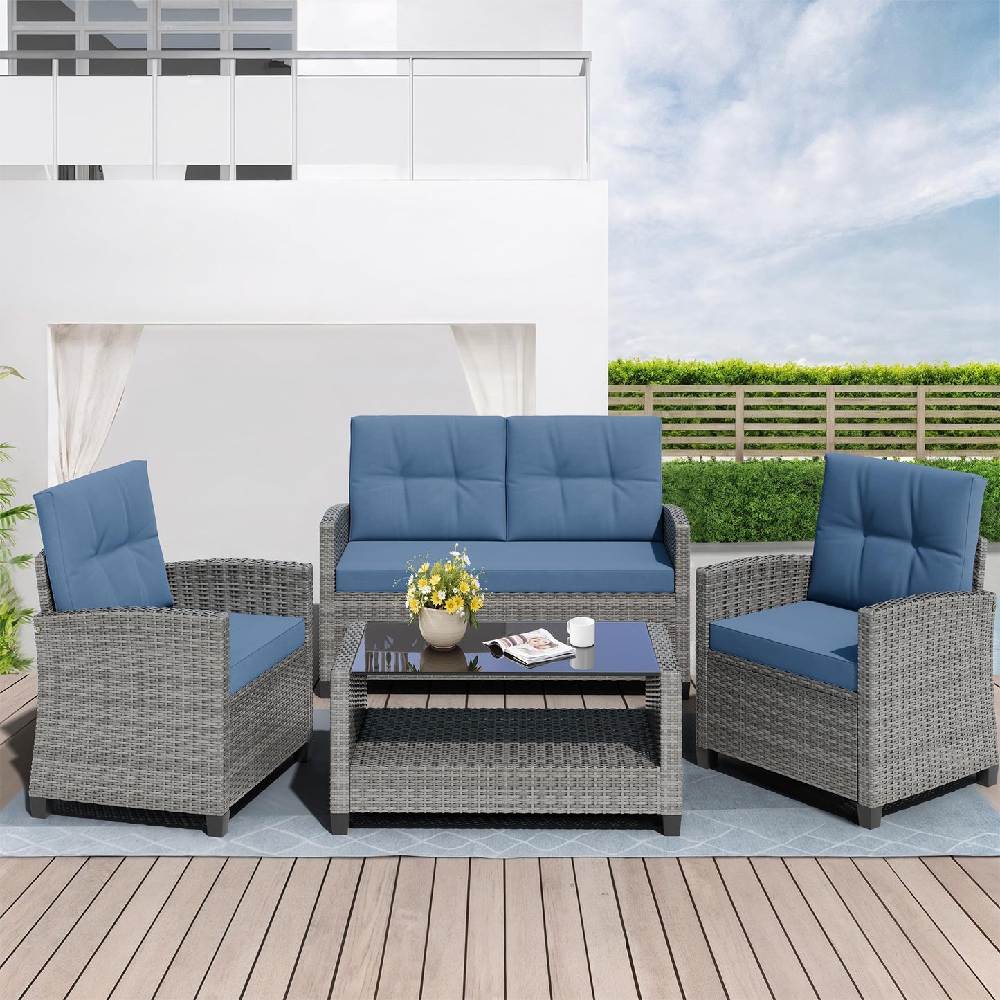 Shintenchi 4 Piece Patio Furniture Set, Outdoor Rattan Conversation Set with Coffee Table, Outside Wicker Sectional Sofa Couch with Cushion, Gray and Blue