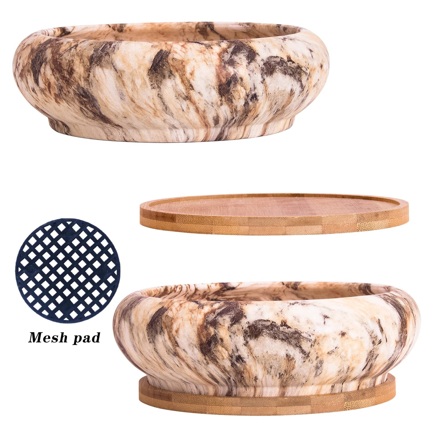 ARTKETTY Succulent Pots - 7.3 Inch Pack of 4, Shallow Bonsai Pots with Drainage, Tray & Bamboo Saucers, Ceramic Indoor Plant Pots for Succulent, Cactus, Flower, Herb