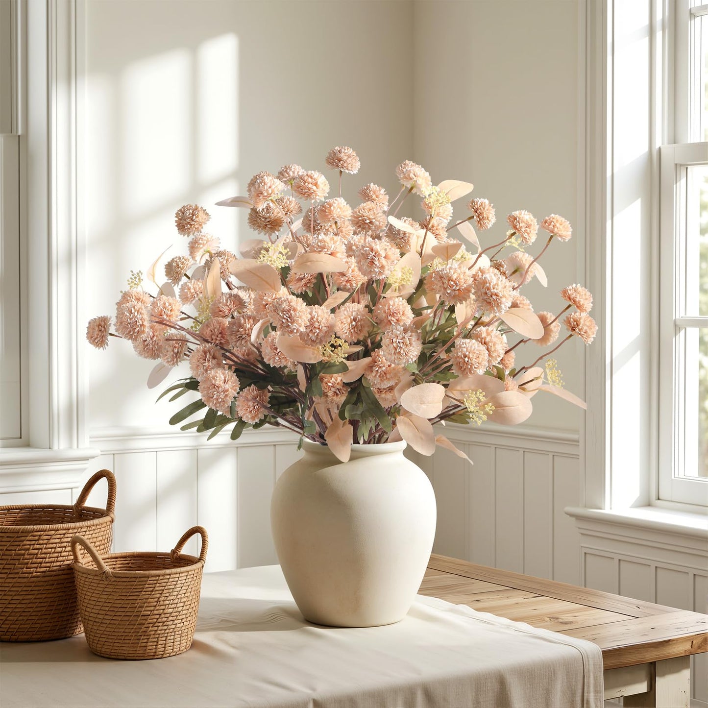 Alupssuc 16PCS Faux Silk Pompon Mums Artificial Flowers with Eucalyptus, Fake Chrysanthemum Floral for DIY Vase Arrangement, Long Stem Dining Table Centerpiece Home Decor, Beige