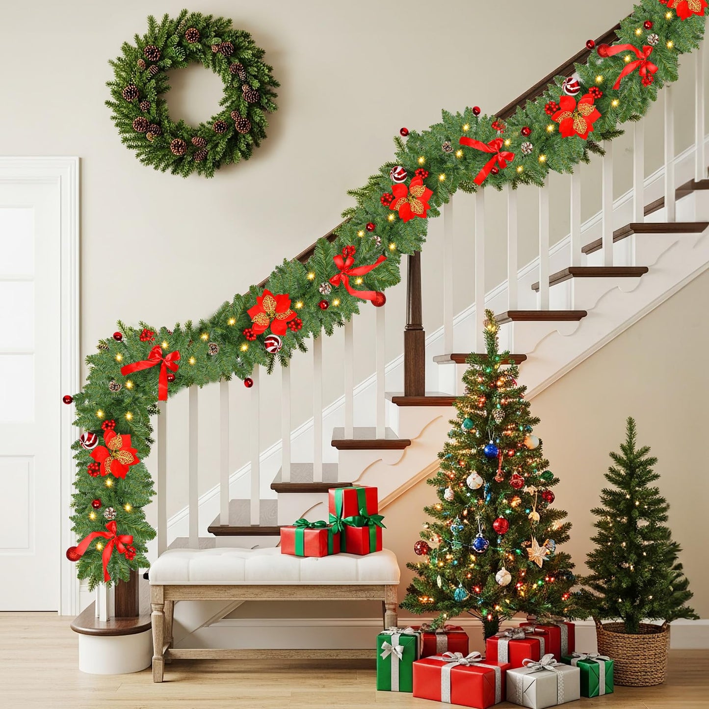 Christmas Garland with Lights 9FT Timer Prelit Garland Battery Operated Outdoor Indoor Christmas Decorations 30 LEDs Lighted Garland for Stairs Railing Fireplace Mantle Front Door Home Holiday Decor