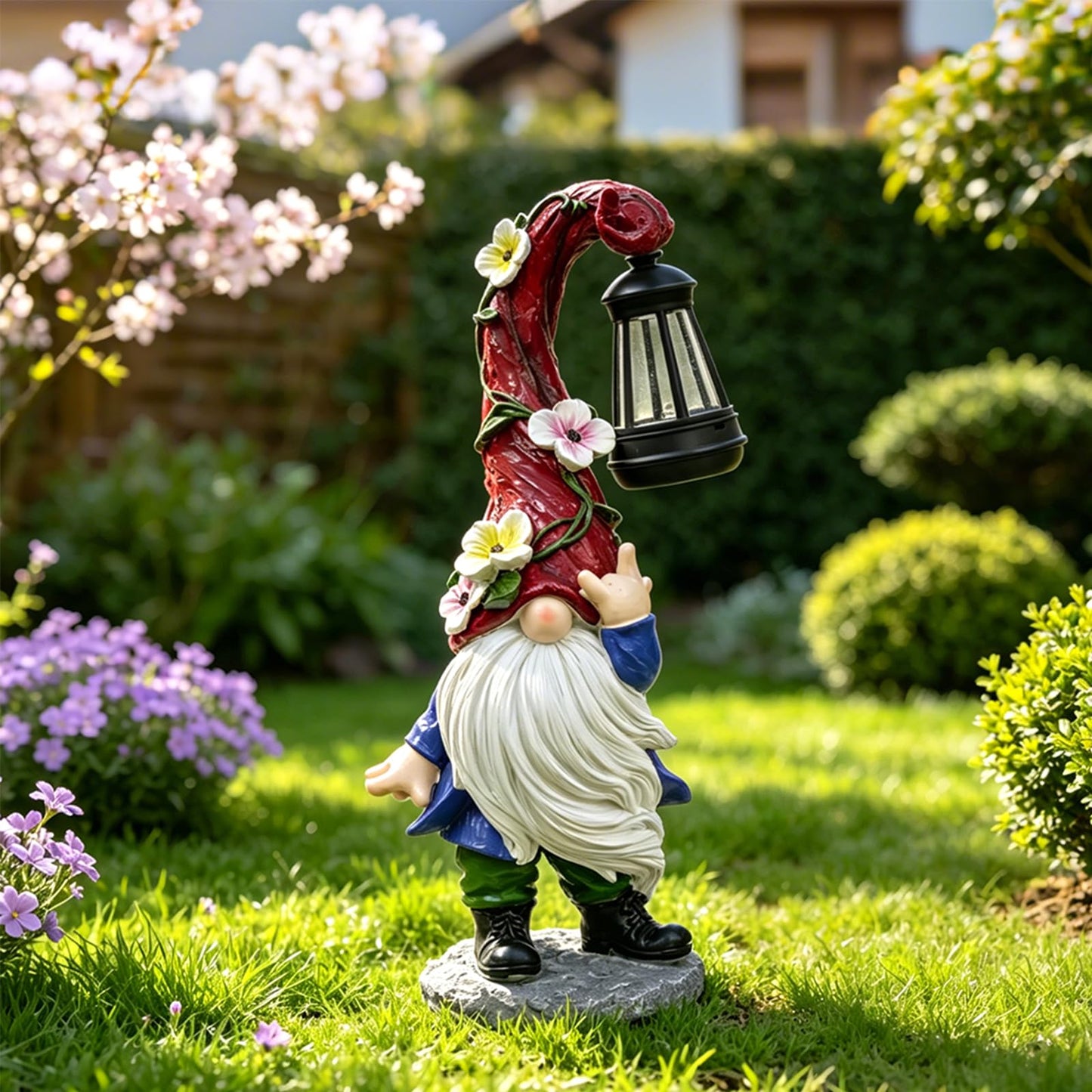 PaLuQiYa Garden Gnome Statue with Solar Lights 13.7" Garden Sculptures Gnomes Decorations Gnome Outdoor Patio Lawn Yard Balcony Birthday Gift for Mom Grandma(Right Light)