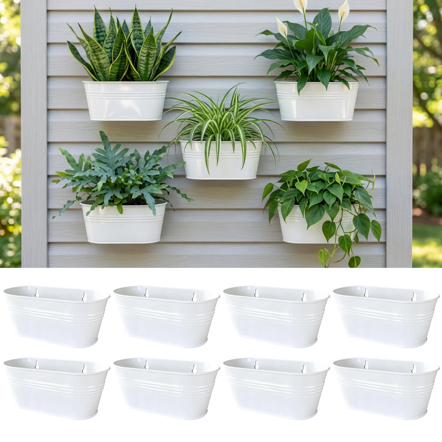 LaLaGreen Wall Planter (9.8 Inch, 8 Pack) White Oval Metal Wall Planters for Indoor Plants Hanging Decor Plant Holder Home Pots Mounted Garden Flower Balcony Decoration Porch Drainage Pot Baskets